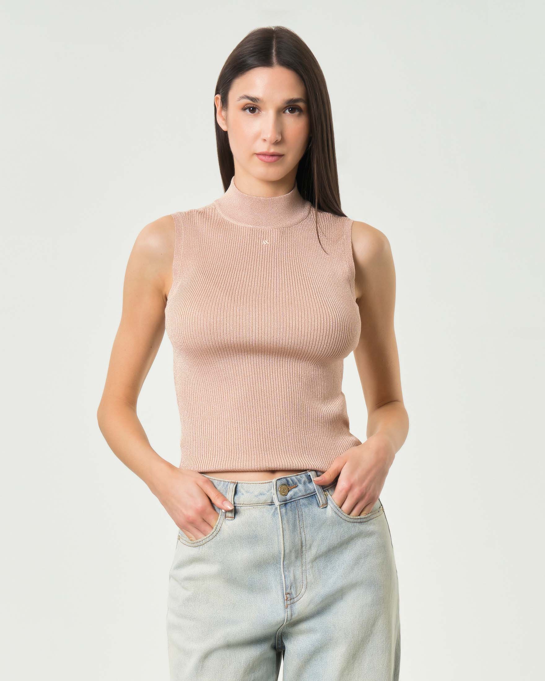 Top smanicato a costine Armani Exchange rame in misto viscosa con logo lettering sul petto