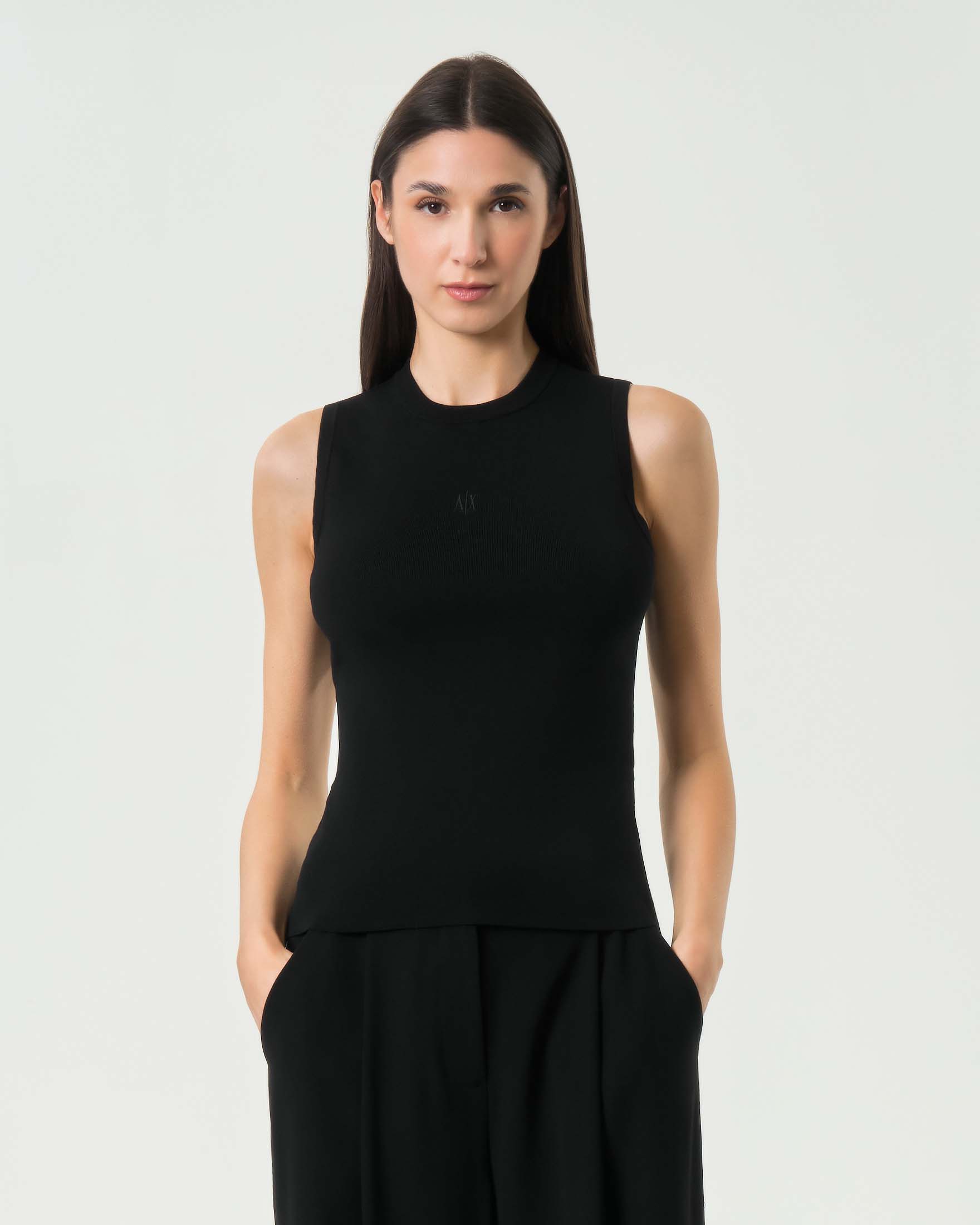 Top senza maniche Armani Exchange nero in misto viscosa con logo