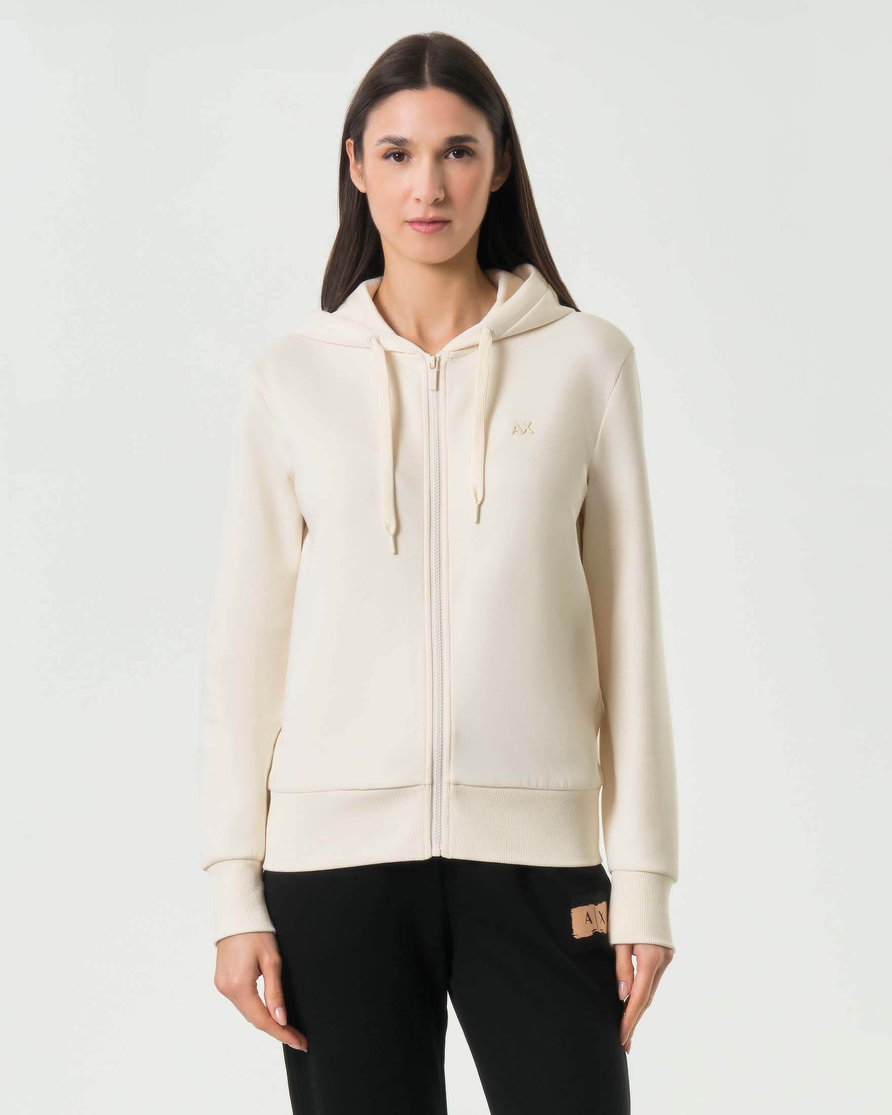 Felpa con zip Armani Exchange avorio in misto cotone con logo gommato