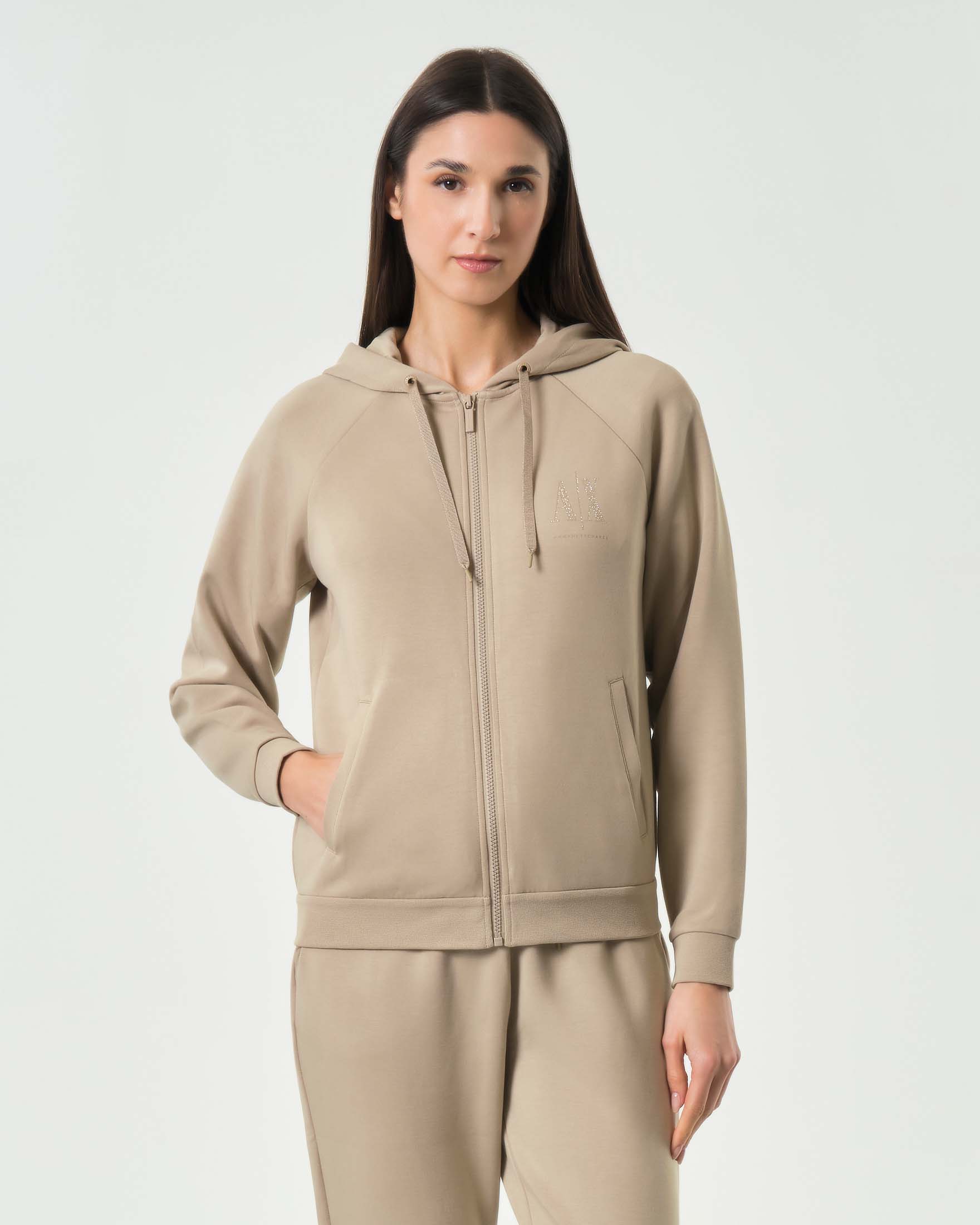 Felpa con zip e cappuccio Exchange beige in misto viscosa con logo