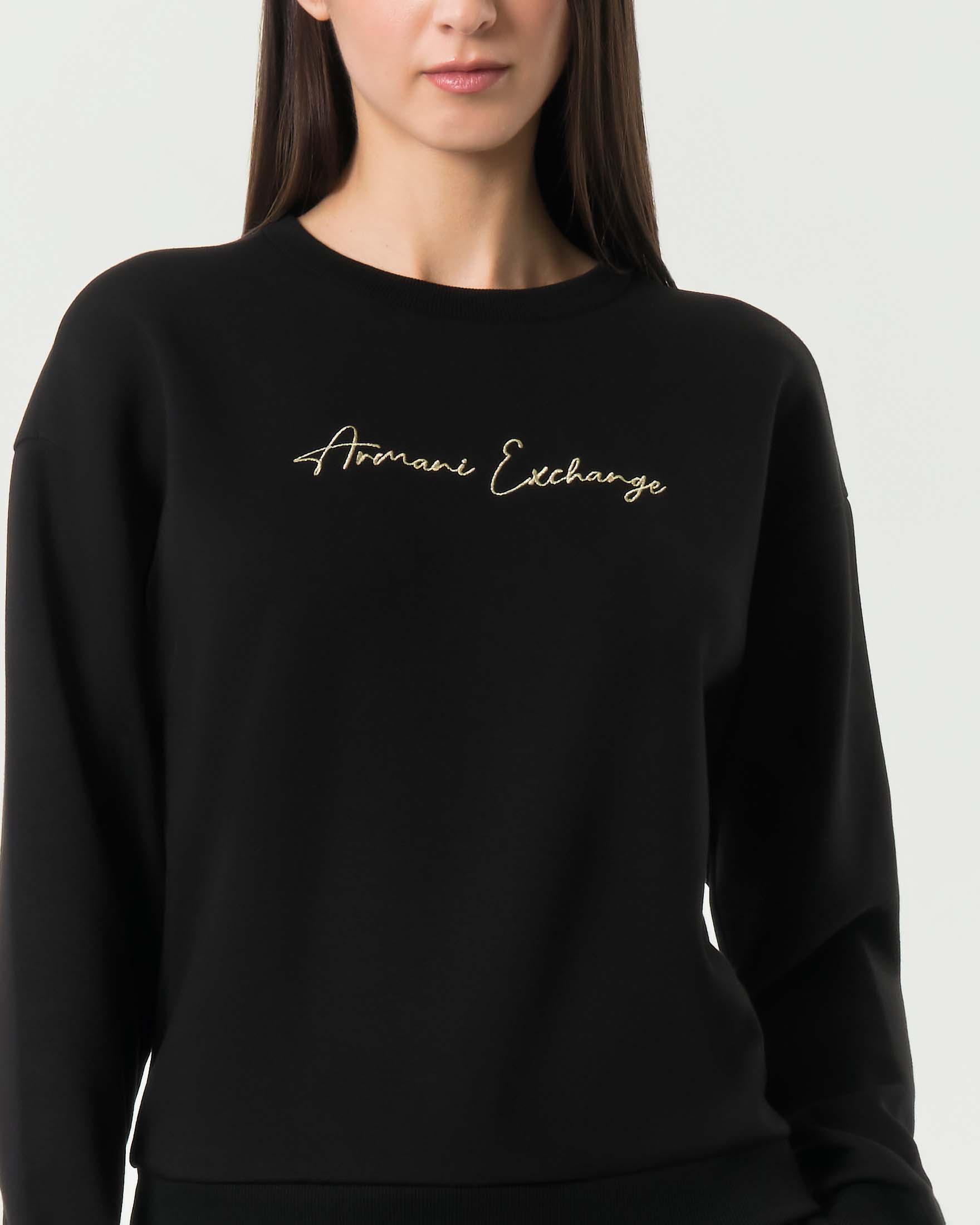 Felpa girocollo Armani Exchange nera in misto viscosa con logo ricamato a contrasto image