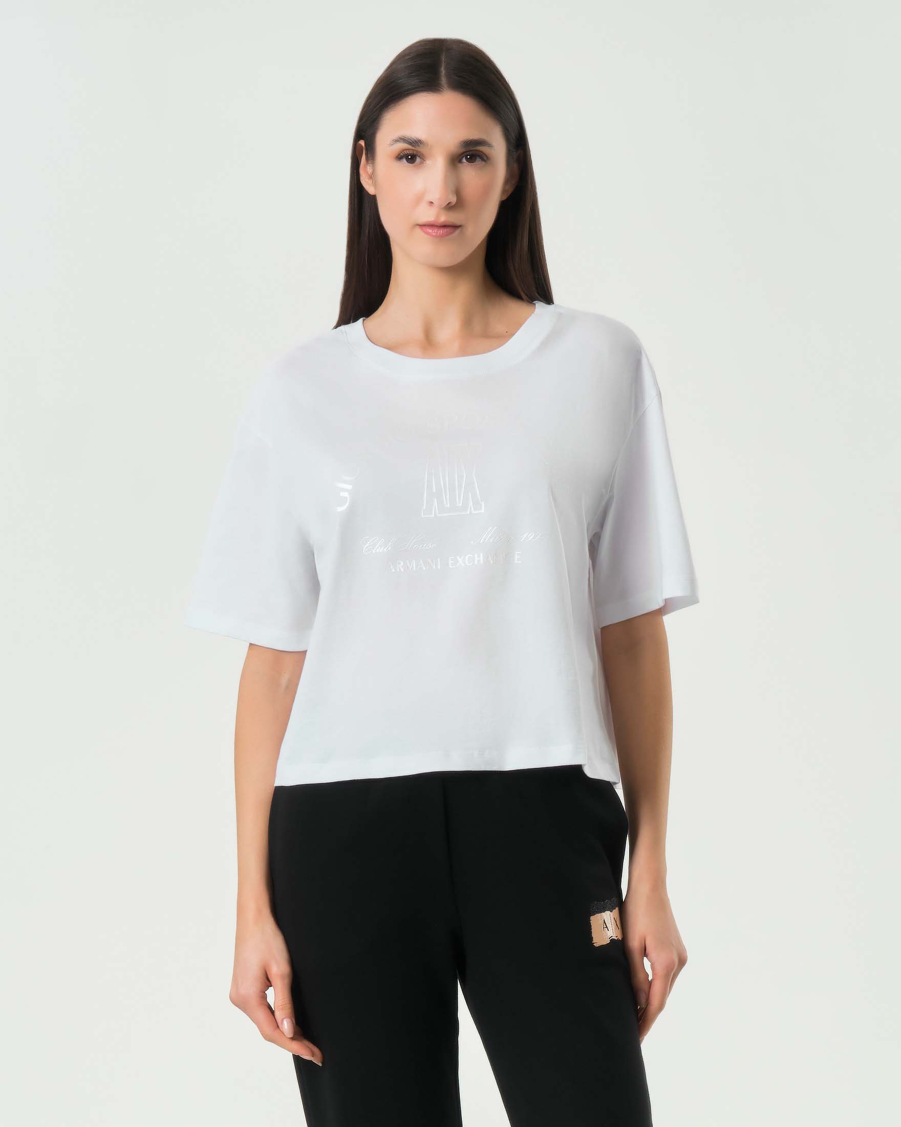 T-shirt crop Exchange bianca in cotone con stampa logo dorata