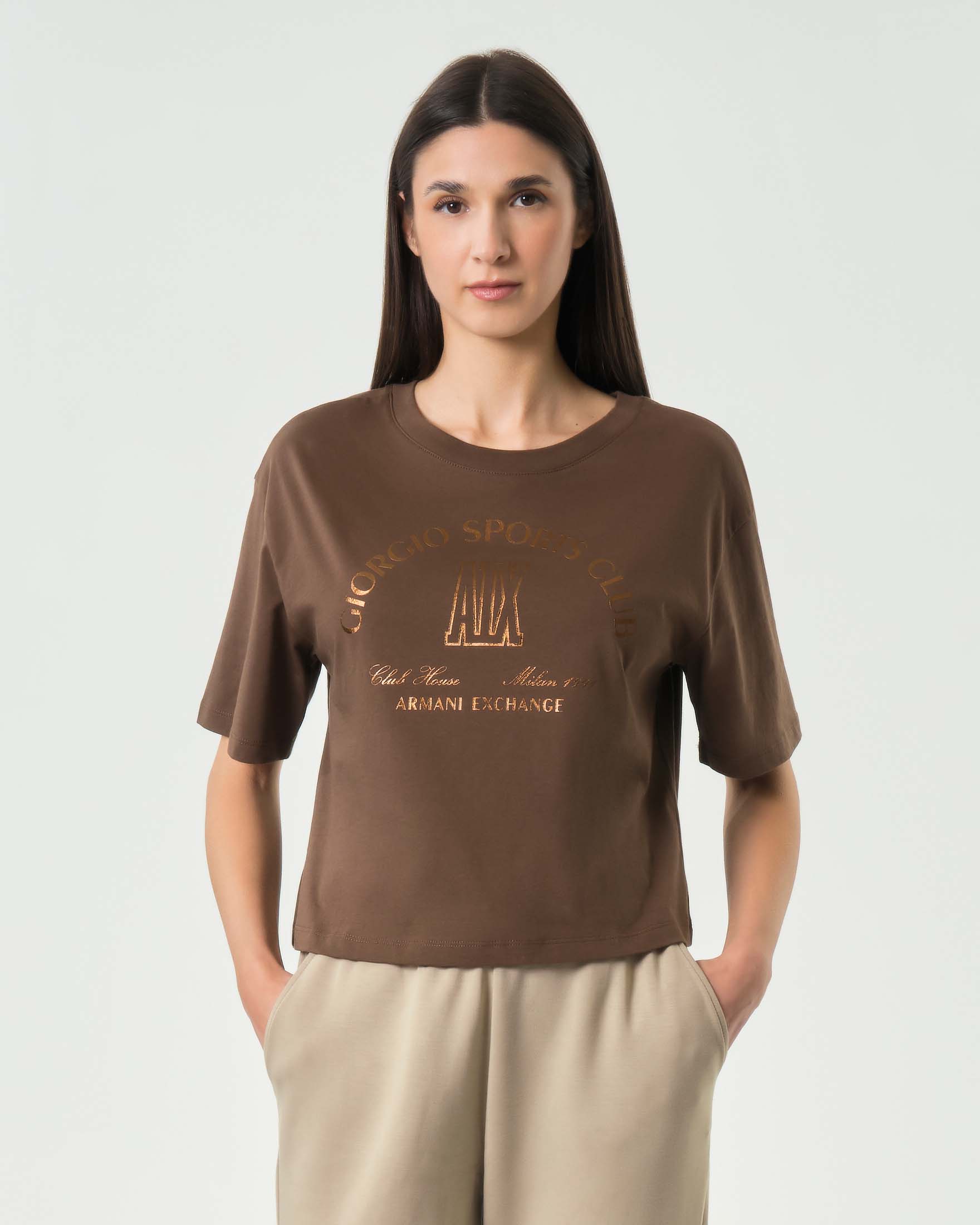 T-shirt crop Exchange color moro in cotone con stampa logo dorata