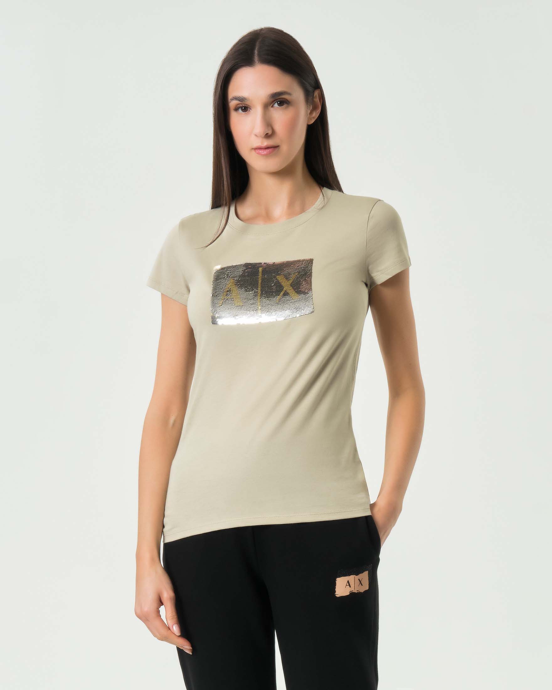T-shirt a maniche corte Armani Exchange beige in cotone con logo in paillettes