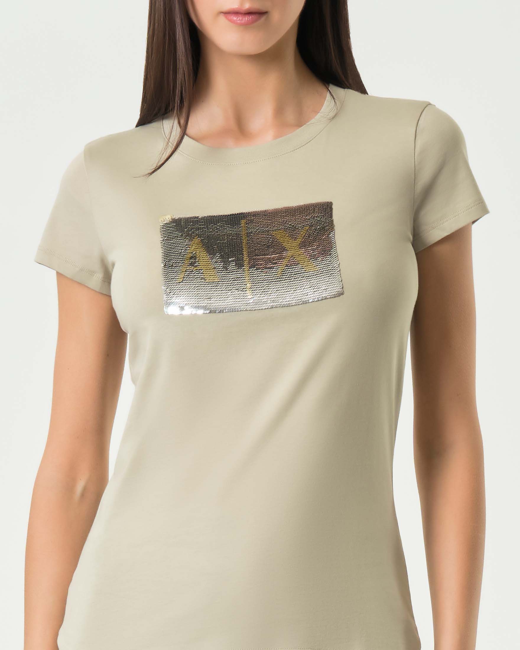 T-shirt a maniche corte Armani Exchange beige in cotone con logo in paillettes image