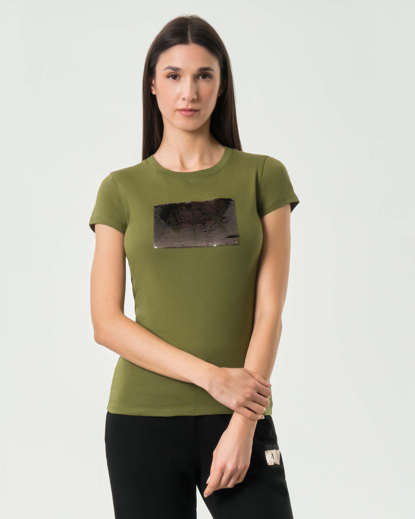 T-shirt a maniche corte Armani Exchange color militare in cotone con logo in paillettes