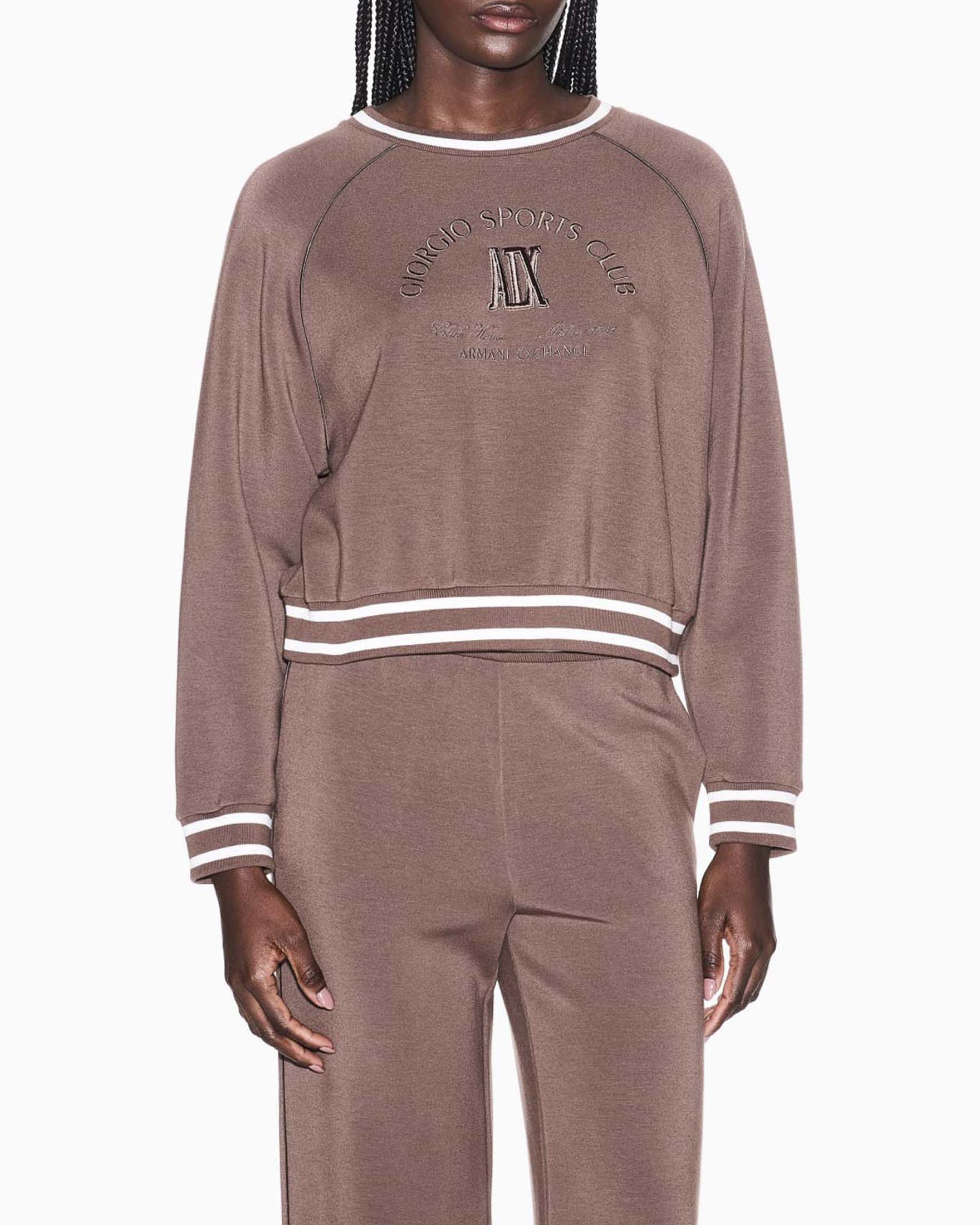 Felpa girocollo Armani Exchange marrone in misto viscosa con logo ricamato sul petto image