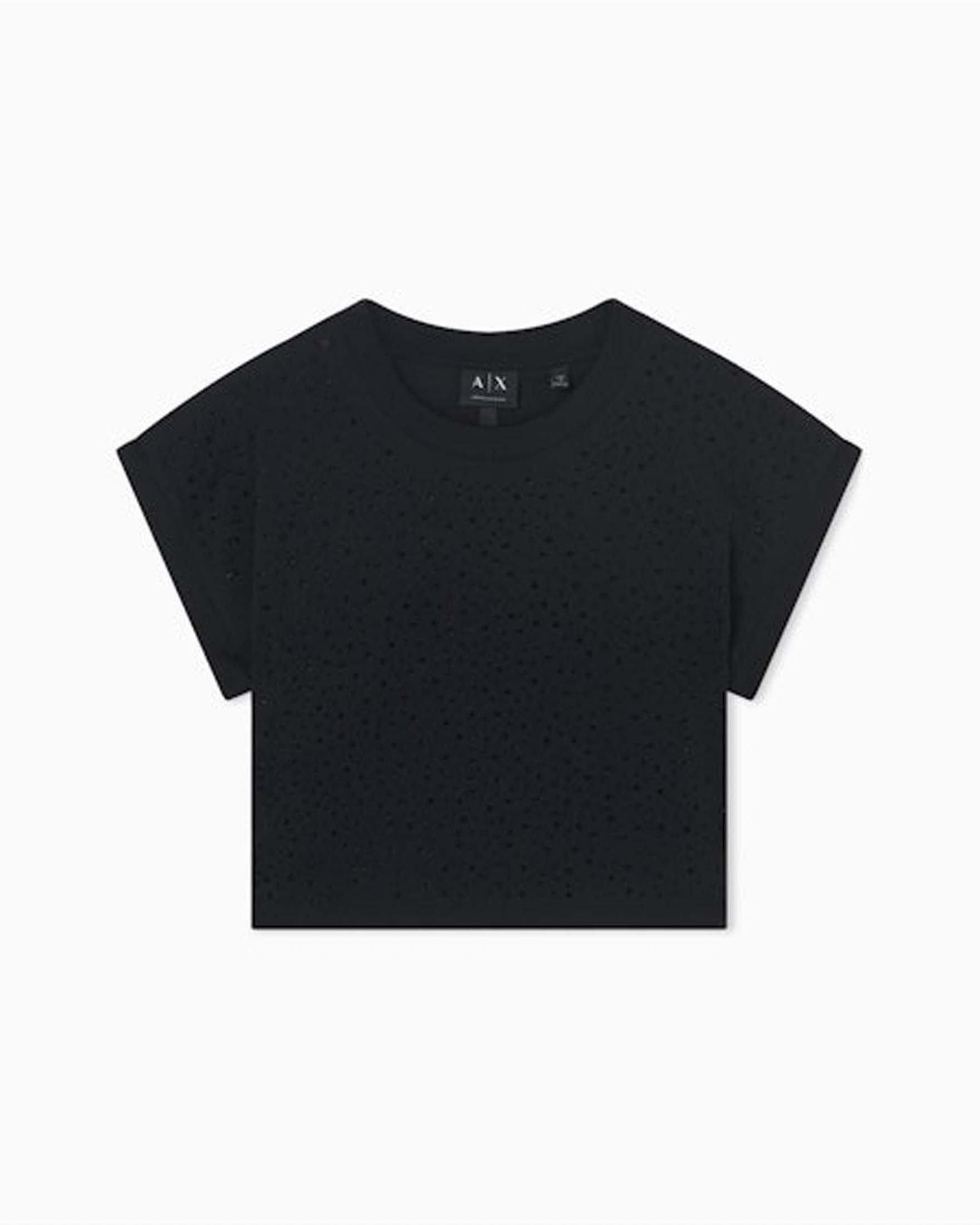 T-shirt corta Exchange nera in cotone con motivo traforato