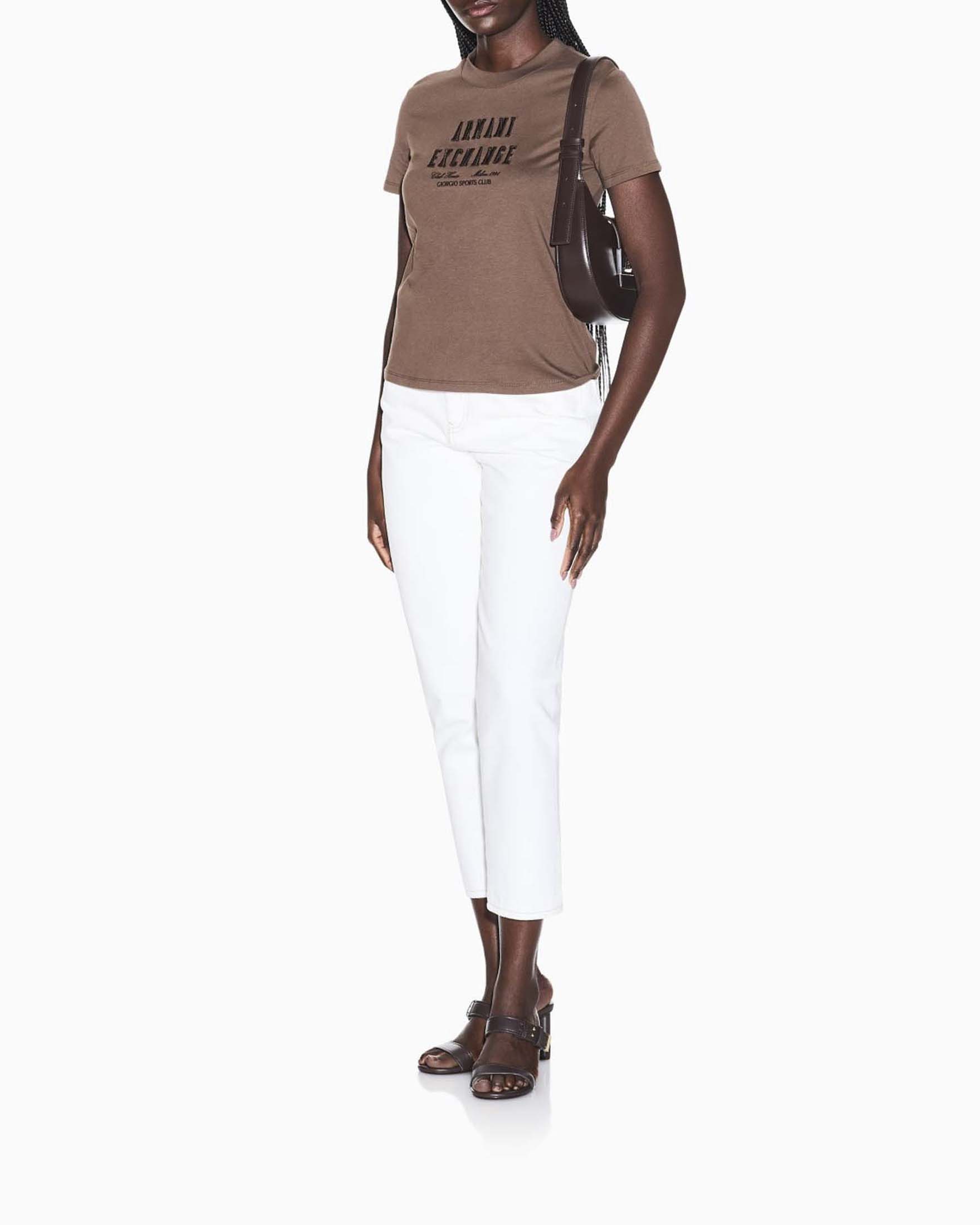 Pantaloni slim Armani Exchange avorio a vita alta in cotone con cuciture a contrasto