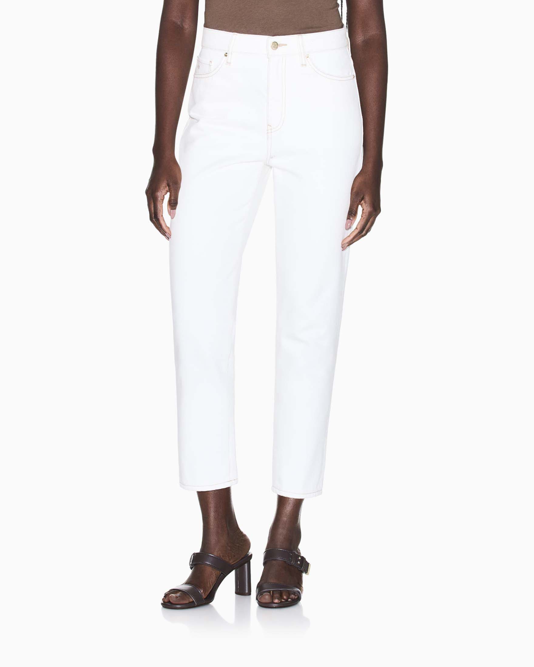Pantaloni slim Armani Exchange avorio a vita alta in cotone con cuciture a contrasto image