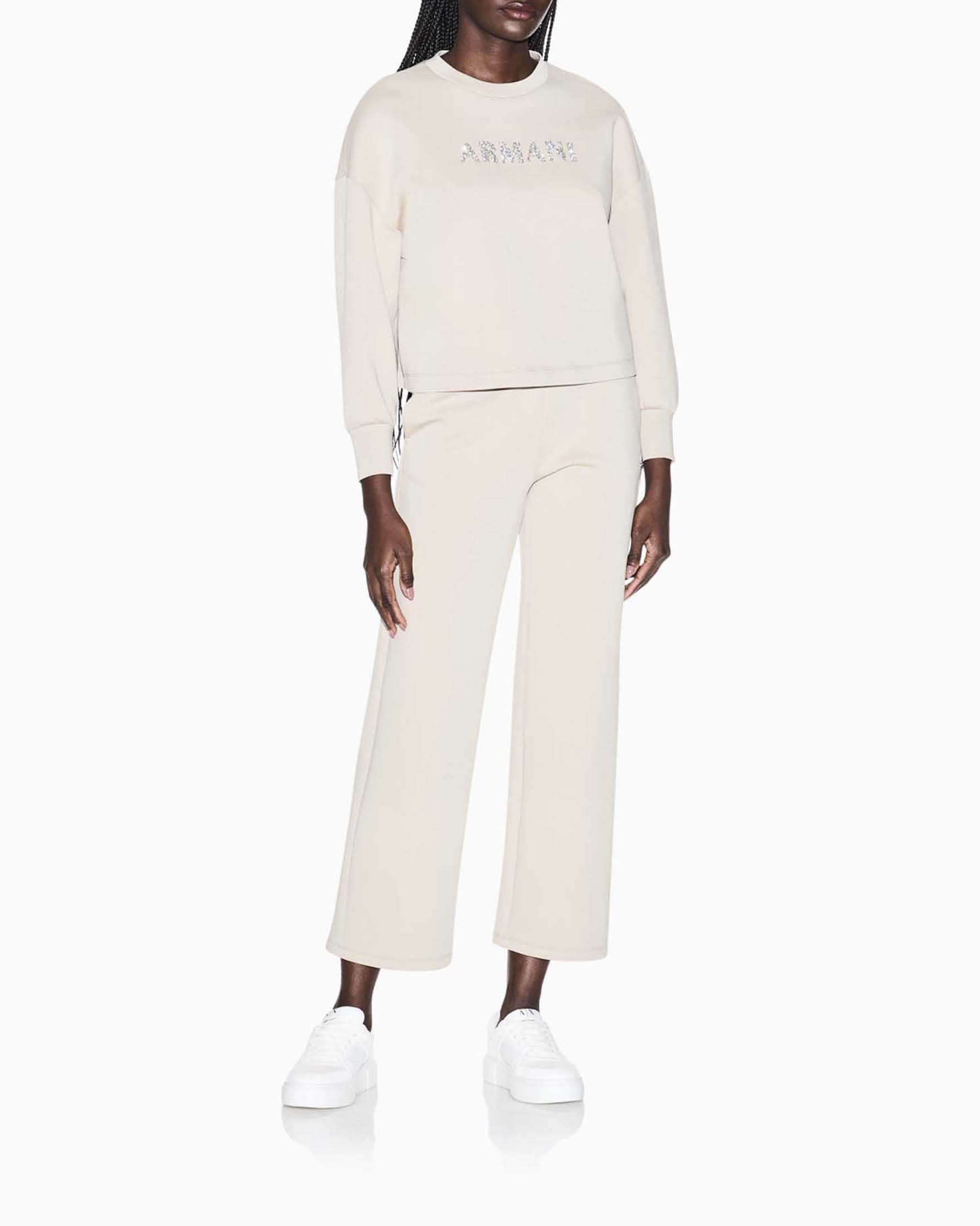 Felpa girocollo Armani Exchange beige in misto cotone con logo sul fronte strass