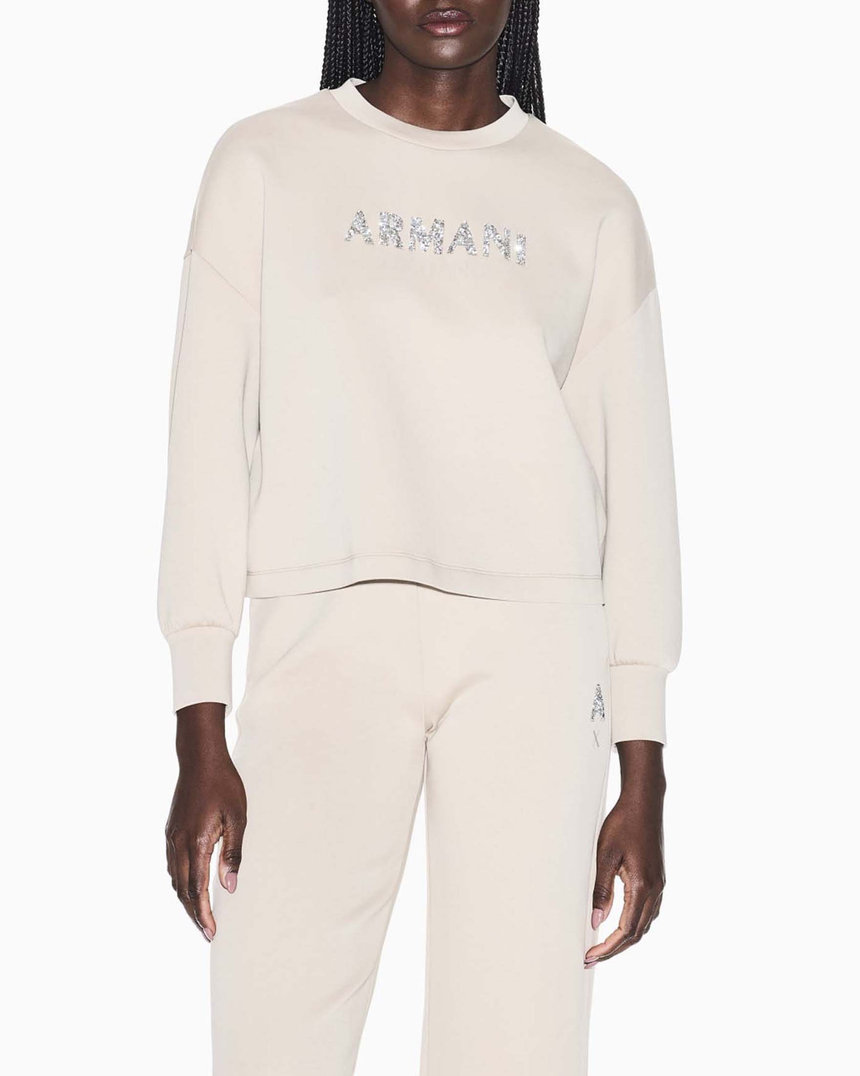 Felpa girocollo Armani Exchange beige in misto cotone con logo sul fronte strass image