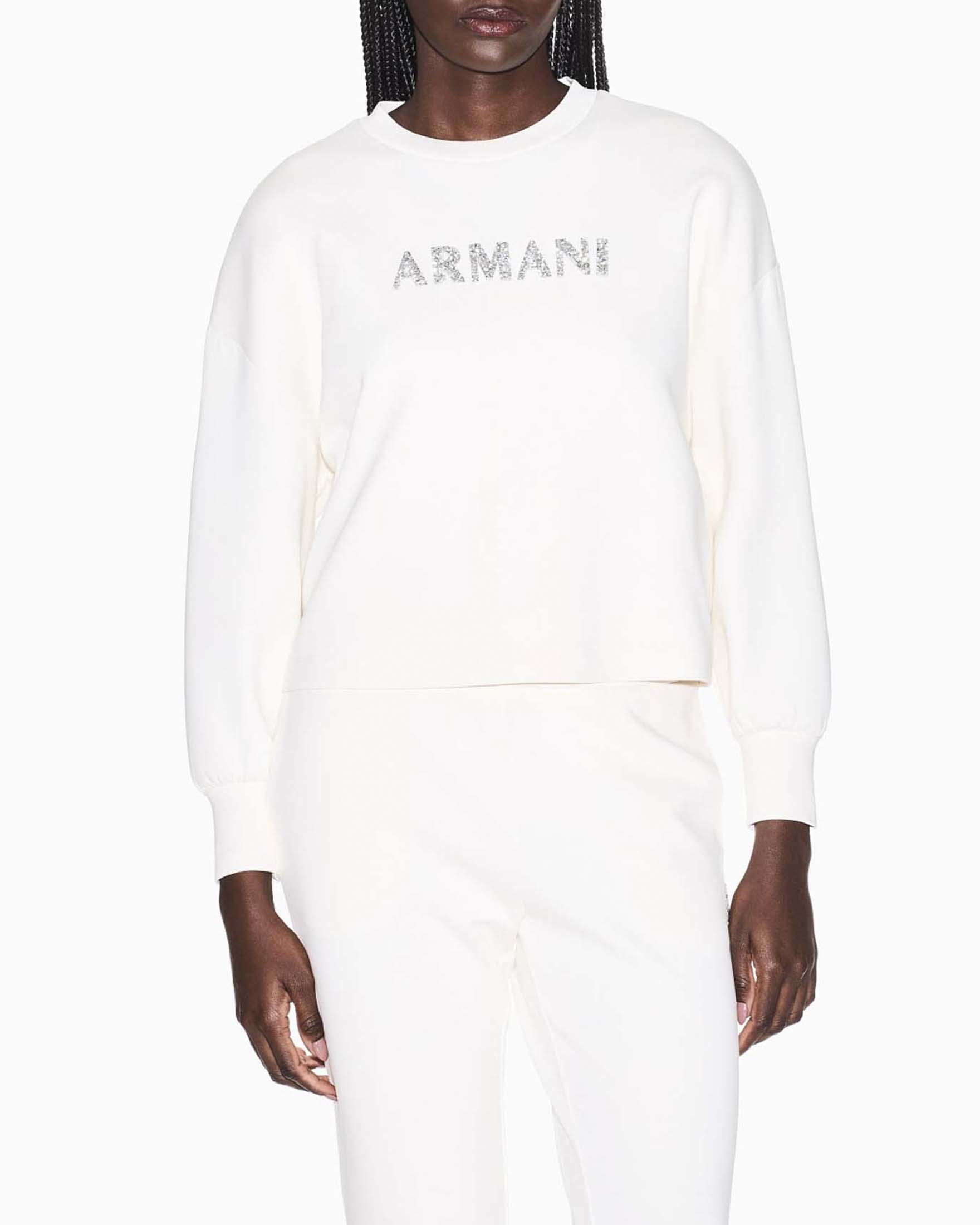 Felpa girocollo Armani Exchange avorio in misto cotone con logo sul fronte strass image