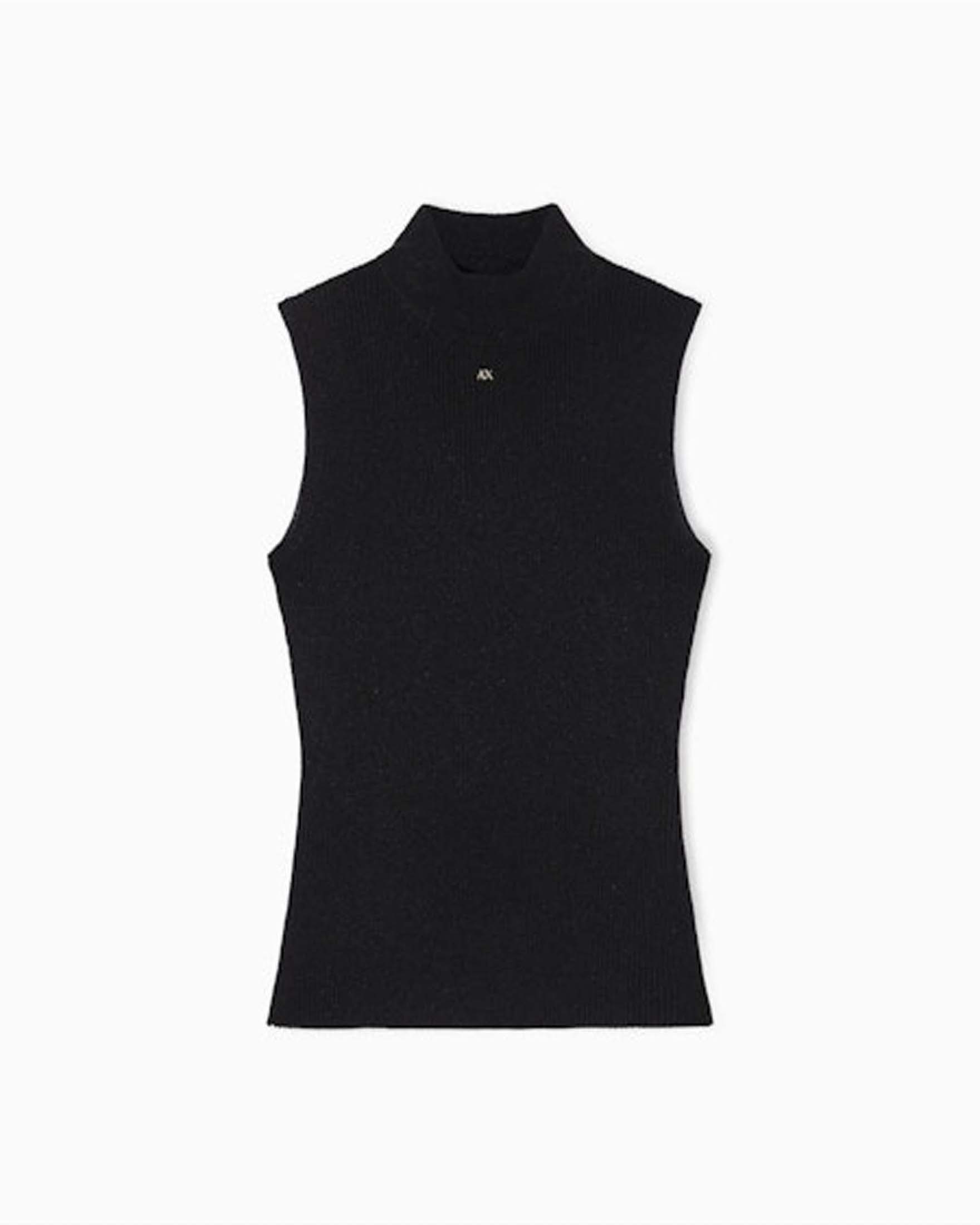 Top smanicato a costine Armani Exchange nero in misto viscosa con logo lettering sul petto
