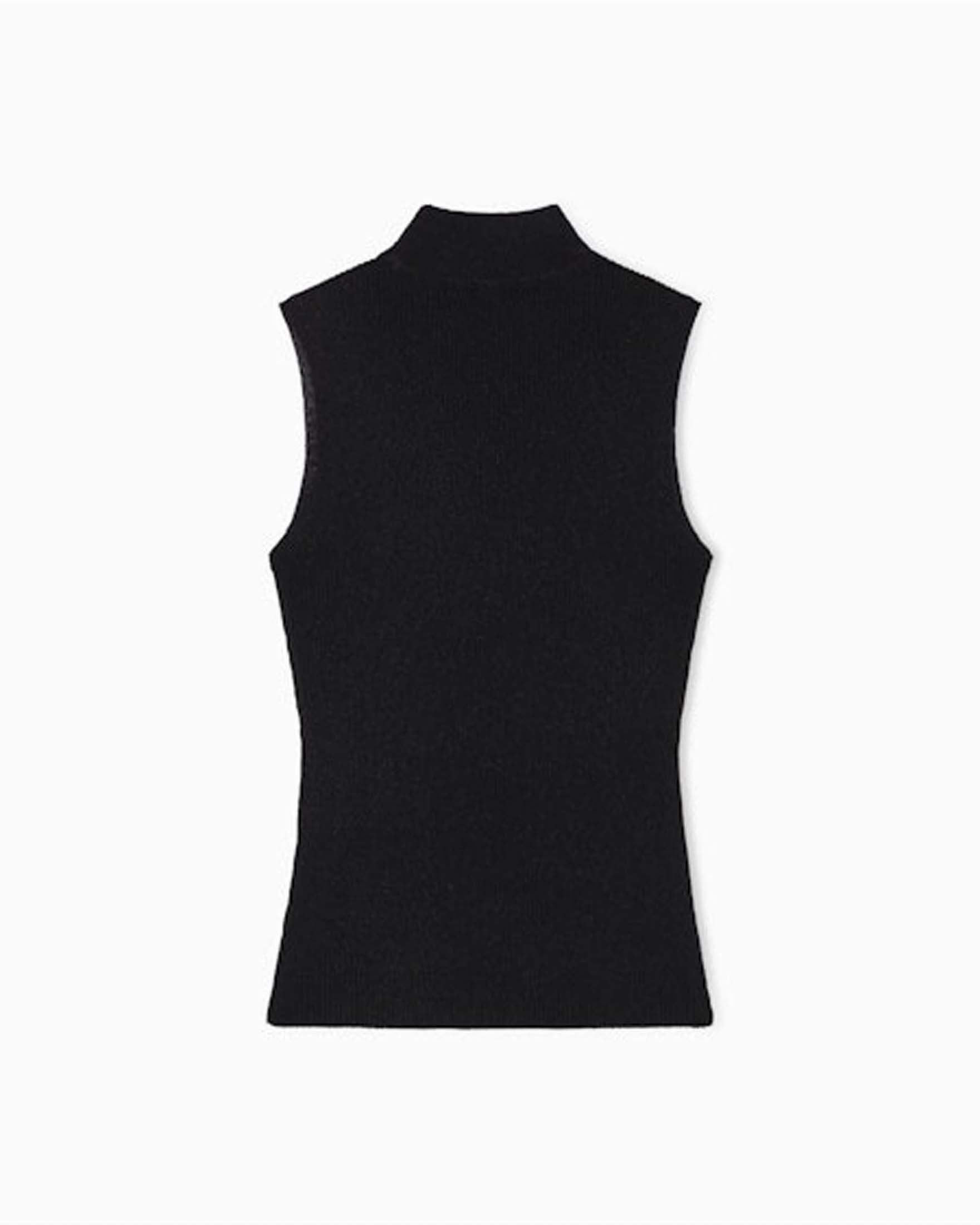 Top smanicato a costine Armani Exchange nero in misto viscosa con logo lettering sul petto image