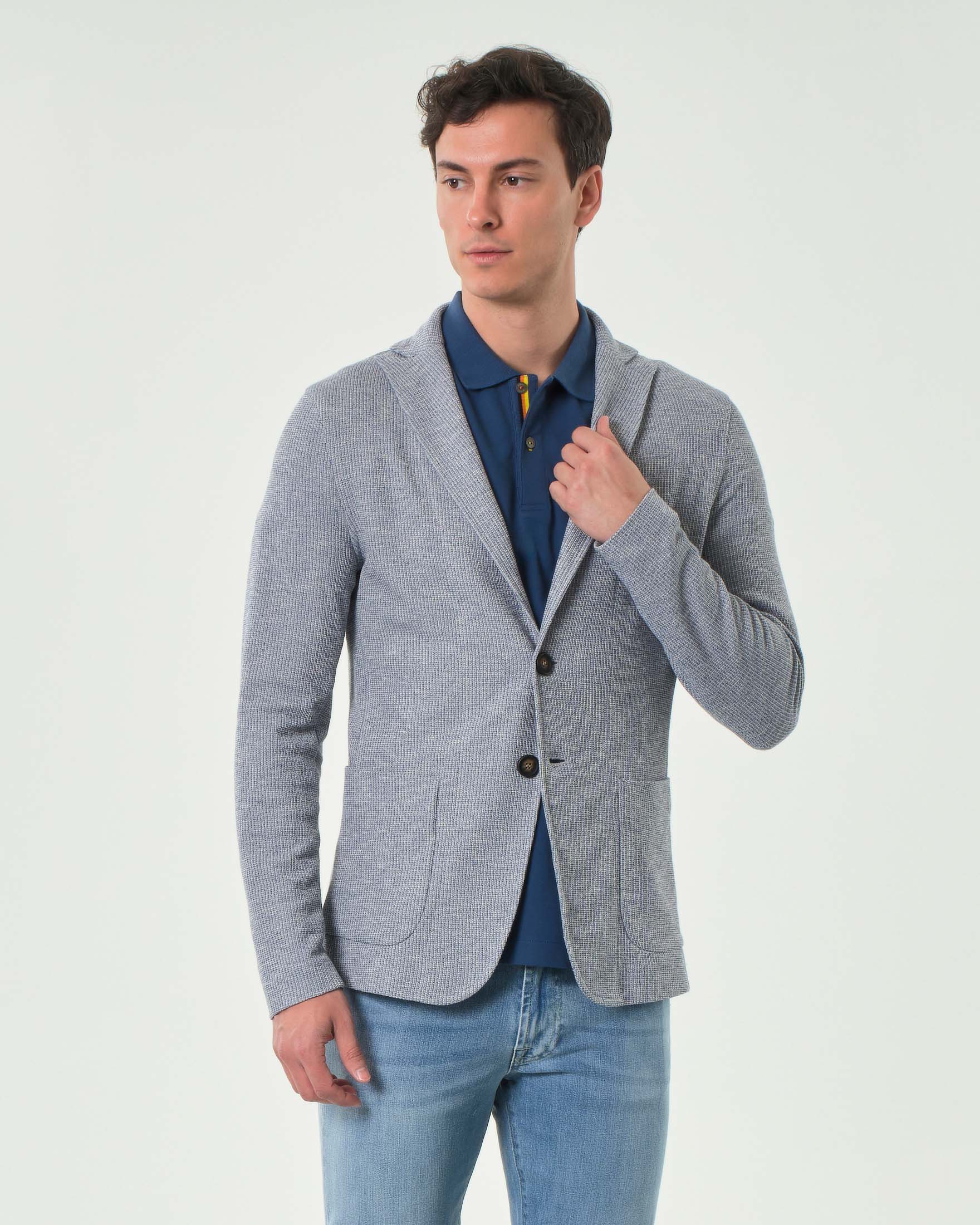 Giacca maglia Paul Baker blu indaco micro armatura bicolore con rever a lancia