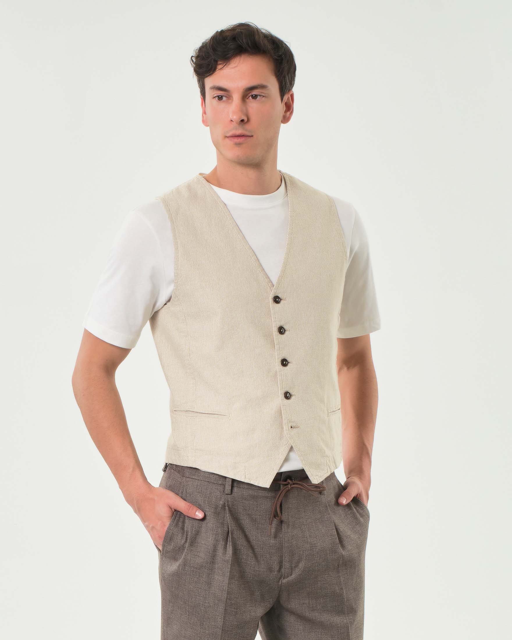 Gilet Paul Baker beige in misto lino e cotone micro riga