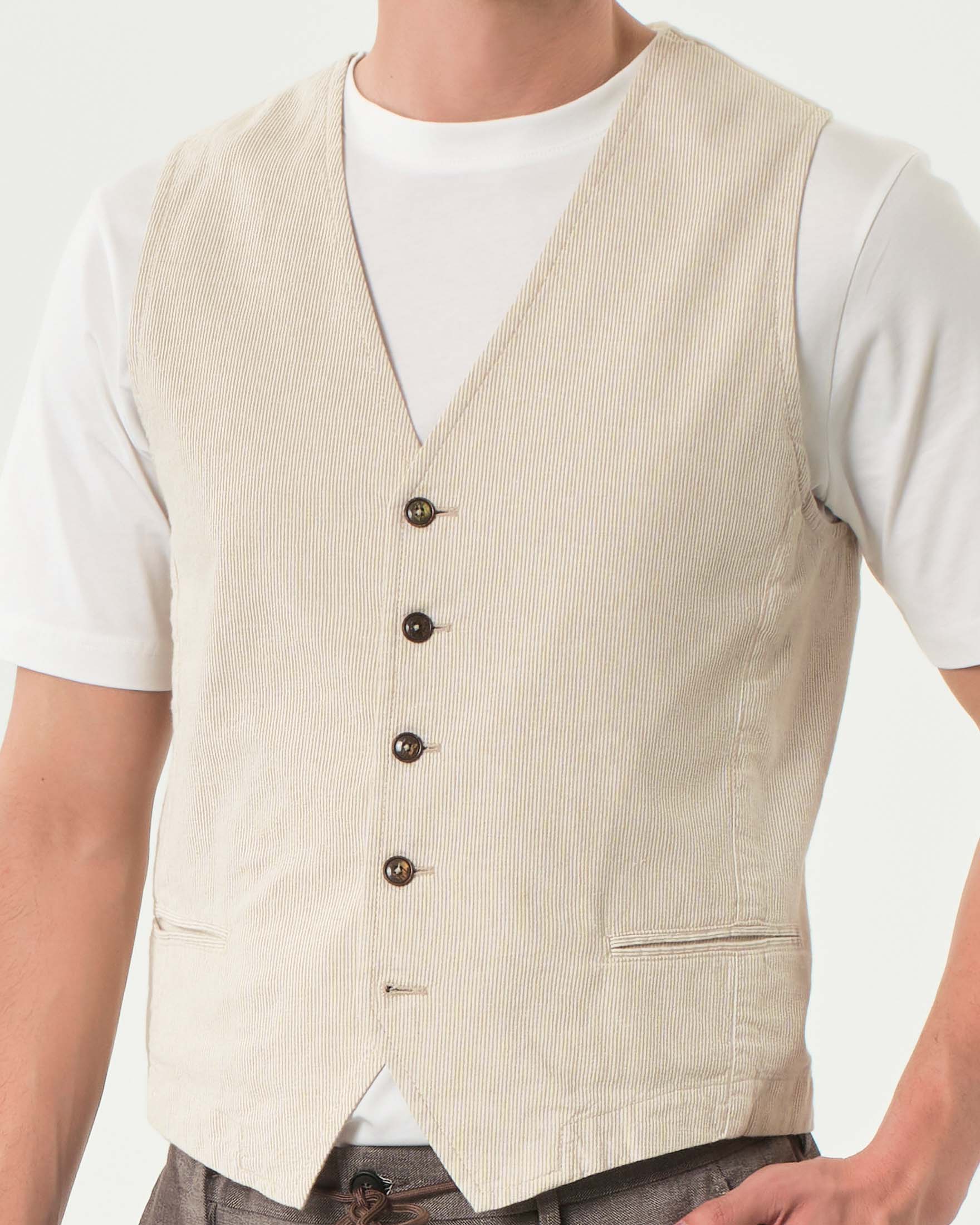 Gilet Paul Baker beige in misto lino e cotone micro riga image