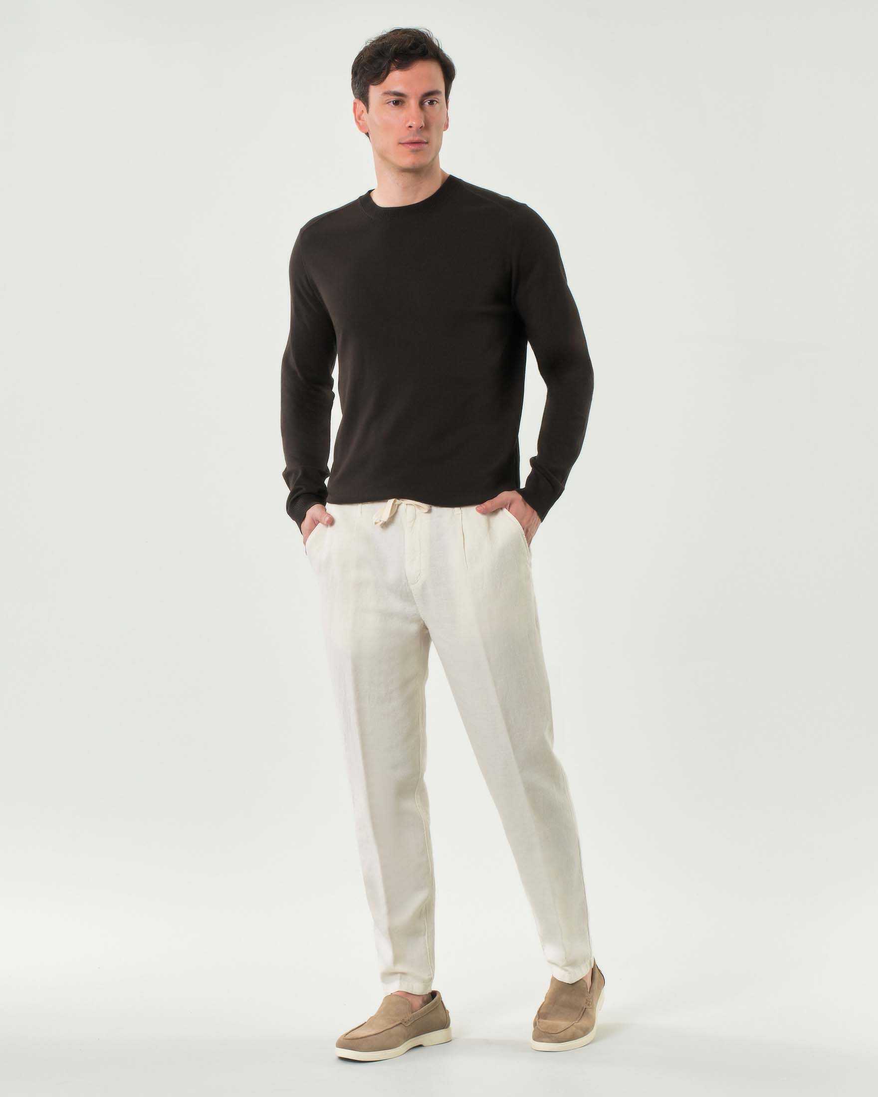 Pantalaccio carrot-fit panna in misto lino e cotone