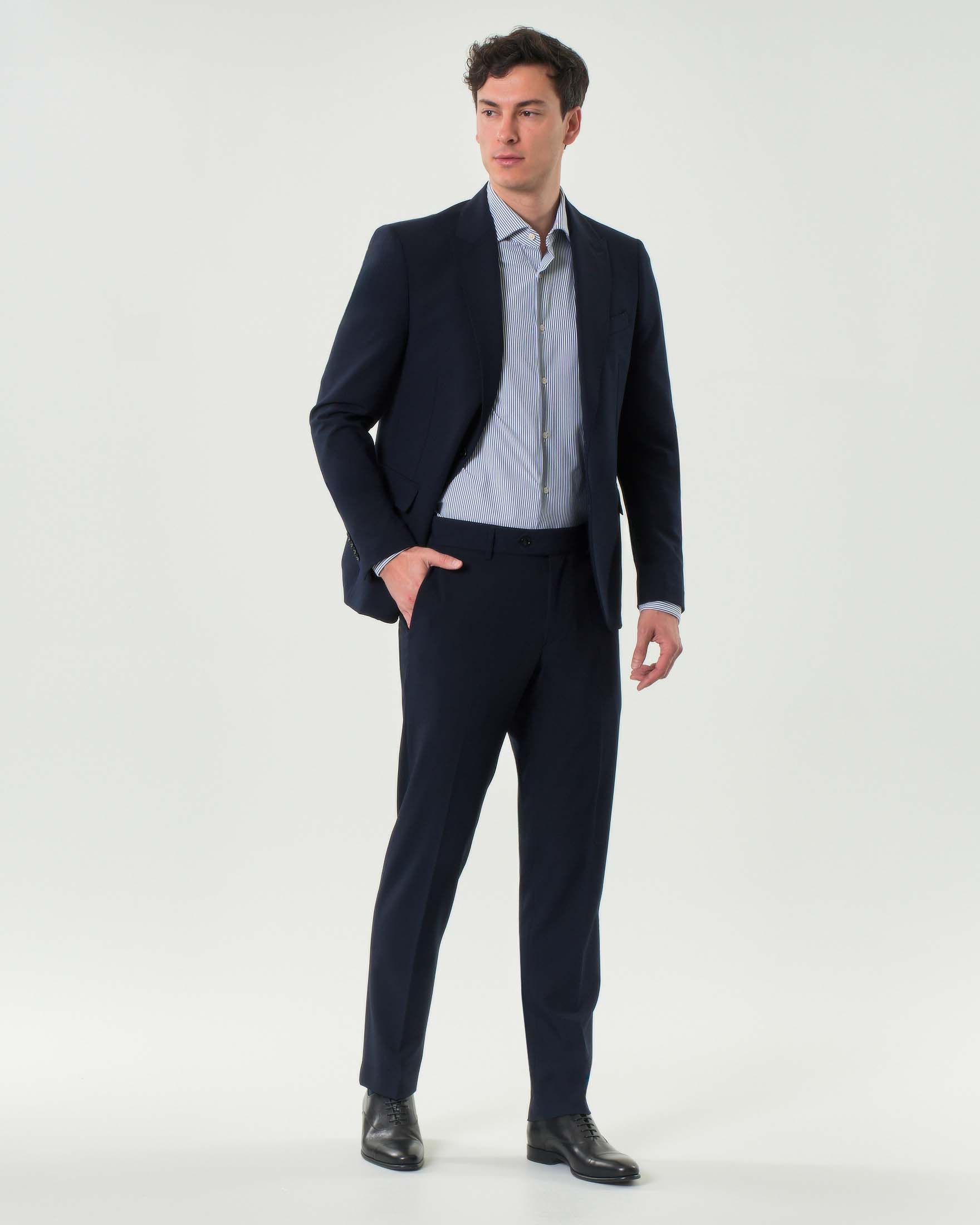 Abito blu in tela di viscosa stretch con rever a lancia