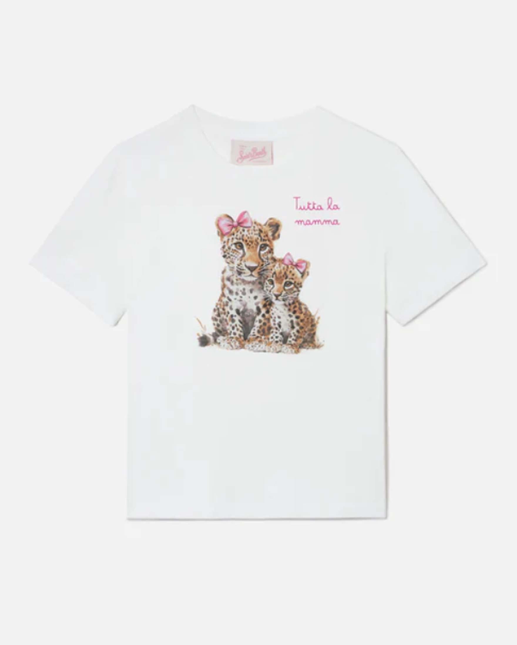 T-shirt MC2 Saint Barth bianca con stampa tigri e scritta Tutta la mamma