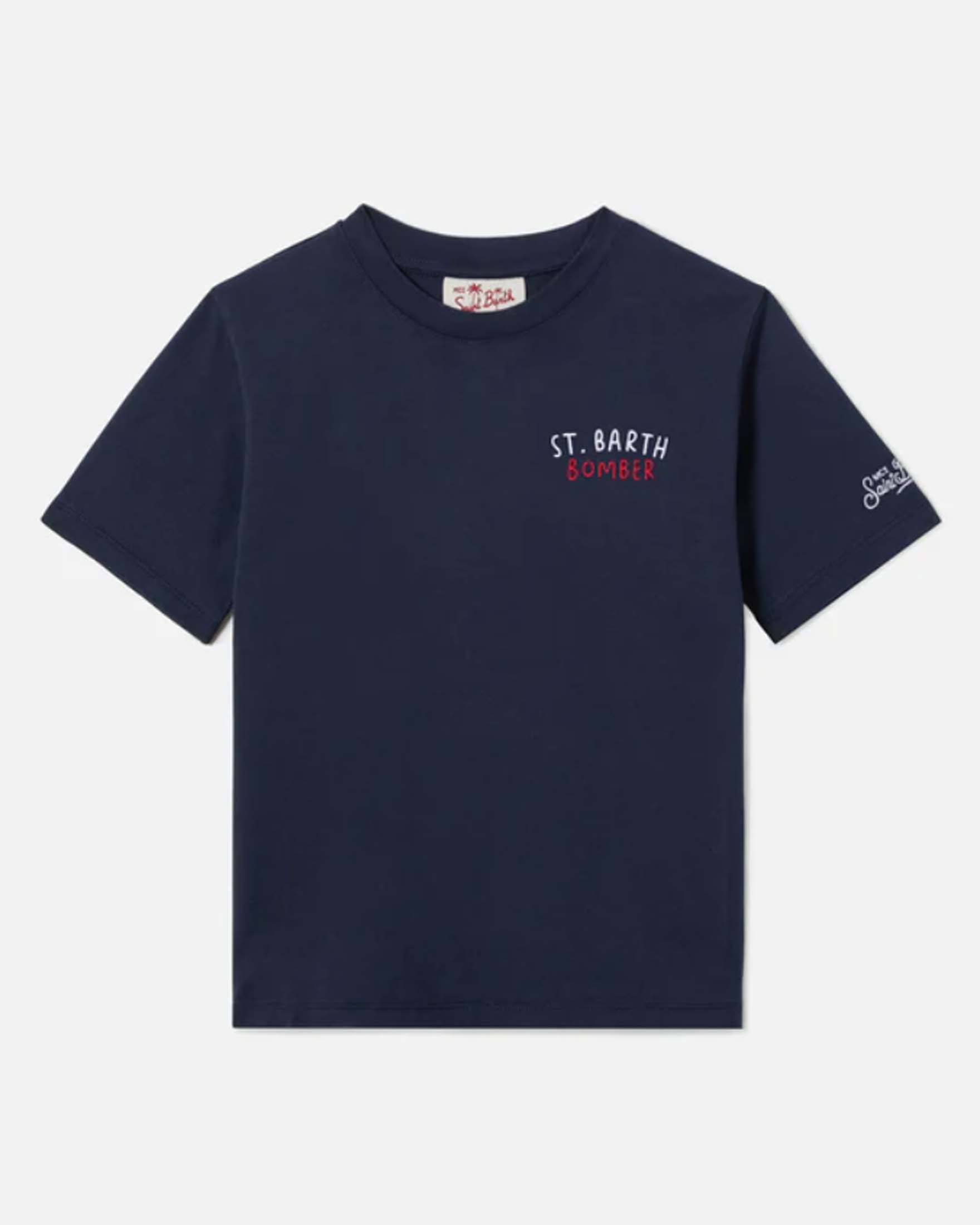 T-shirt blu in cotone a maniche corte a tema calcio e scritta Bomber