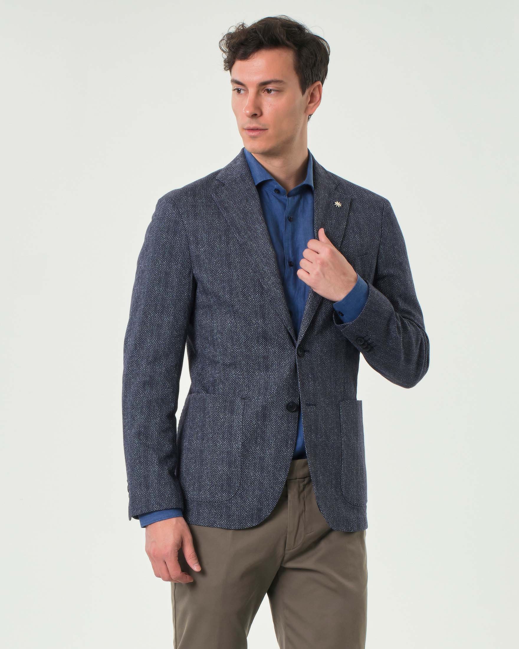 Blazer Manuel Ritz blu in cotone stretch a spina di pesce