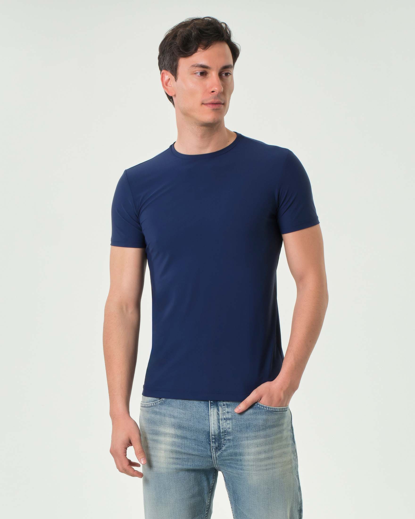 T-shirt Rodolfo Pellizzari blu indaco mezza manica in tessuto tecnico hyper comfort