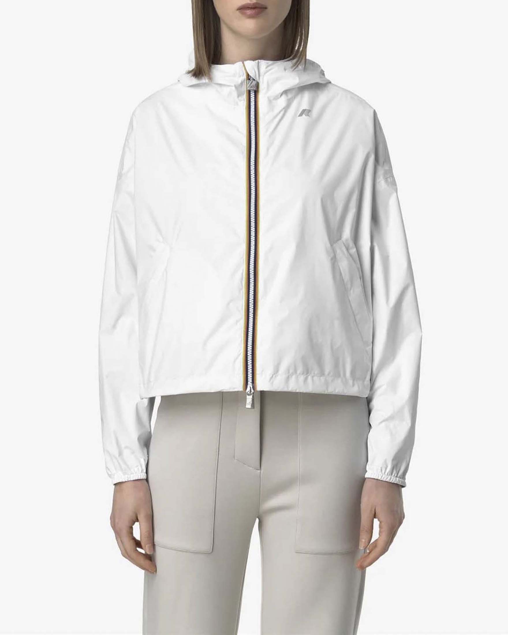 Giacca cropped impermeabile K-Way Double Laurette bianca e beige con cappuccio e chiusura zip