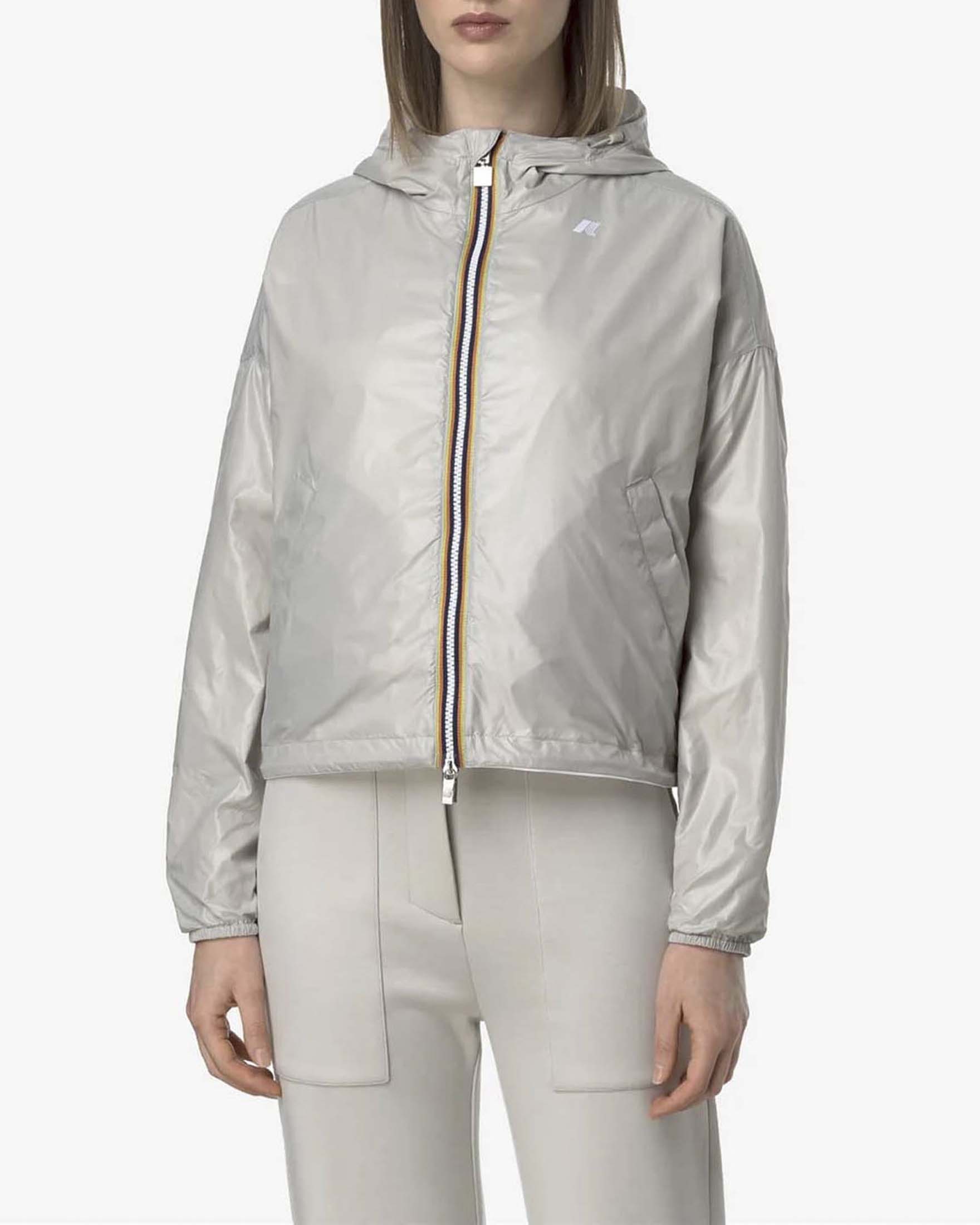 Giacca cropped impermeabile K-Way Double Laurette bianca e beige con cappuccio e chiusura zip image