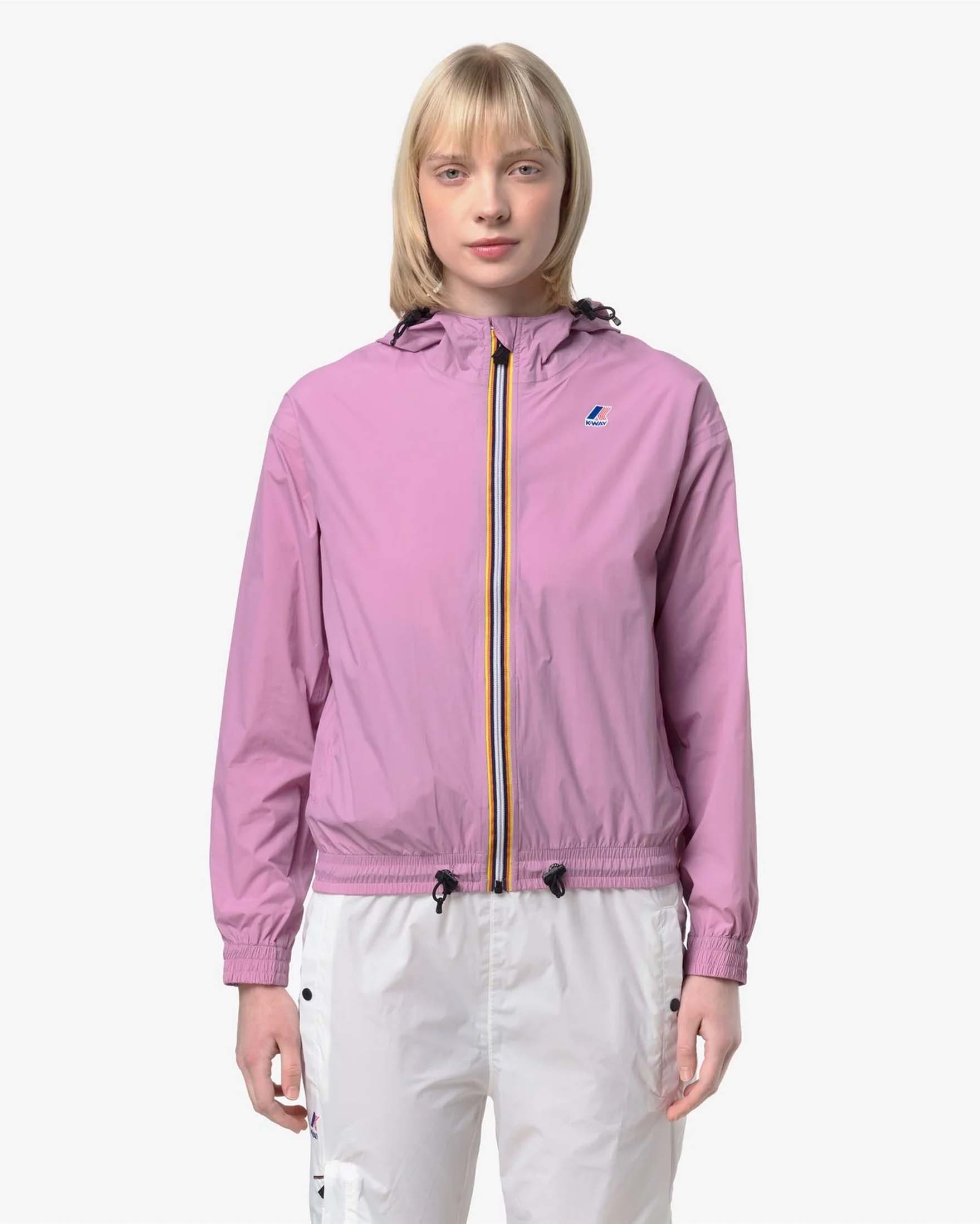 Giacca corta impermeabile K-Way Anny rosa con cappuccio e chiusura zip con coulisse sul fondo