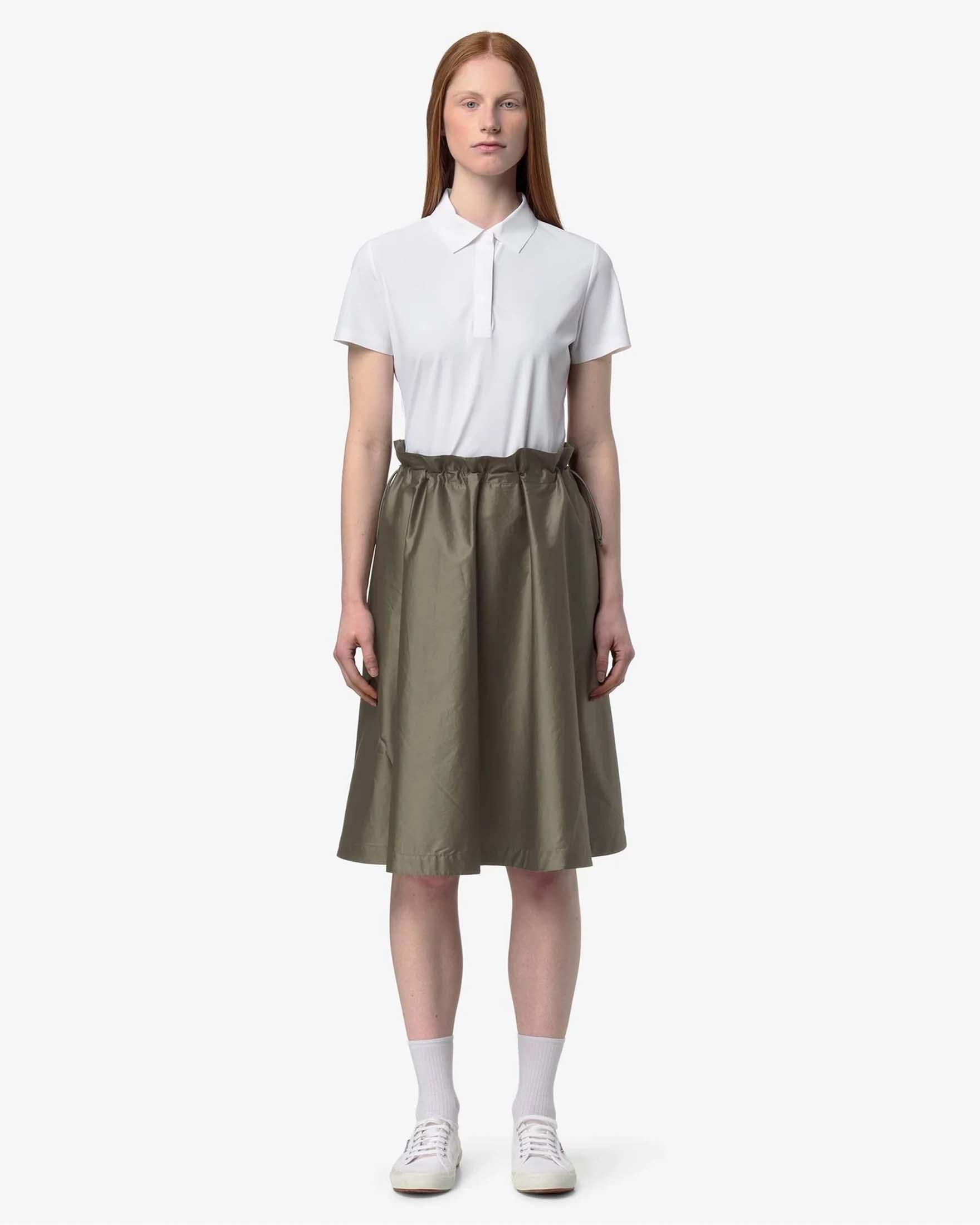 Gonna longuette Gaelal verde militare in cotone satinato e vita paperbag
