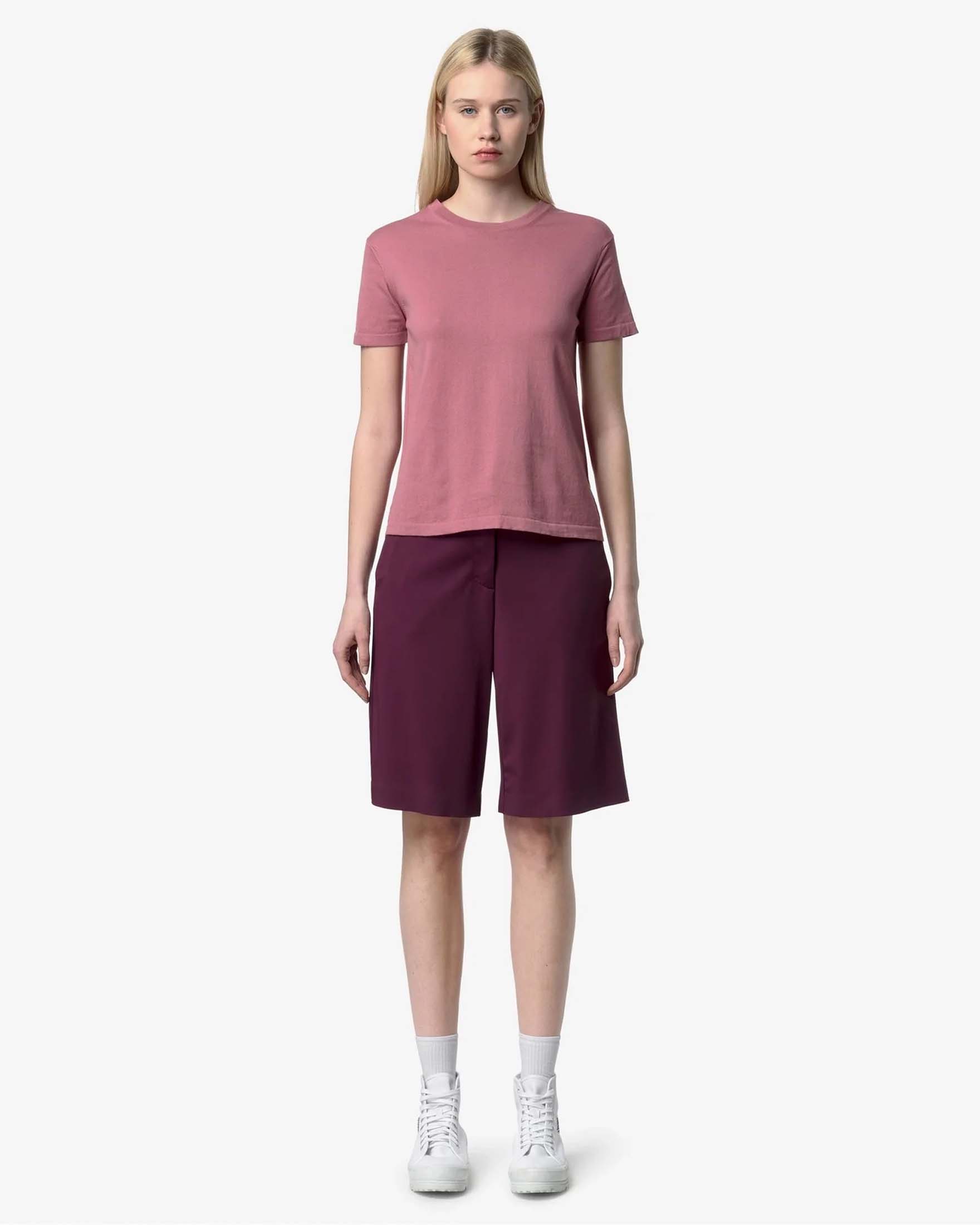 Maglia girocollo a maniche corte Lascaux color malva in puro cotone con tape laterale