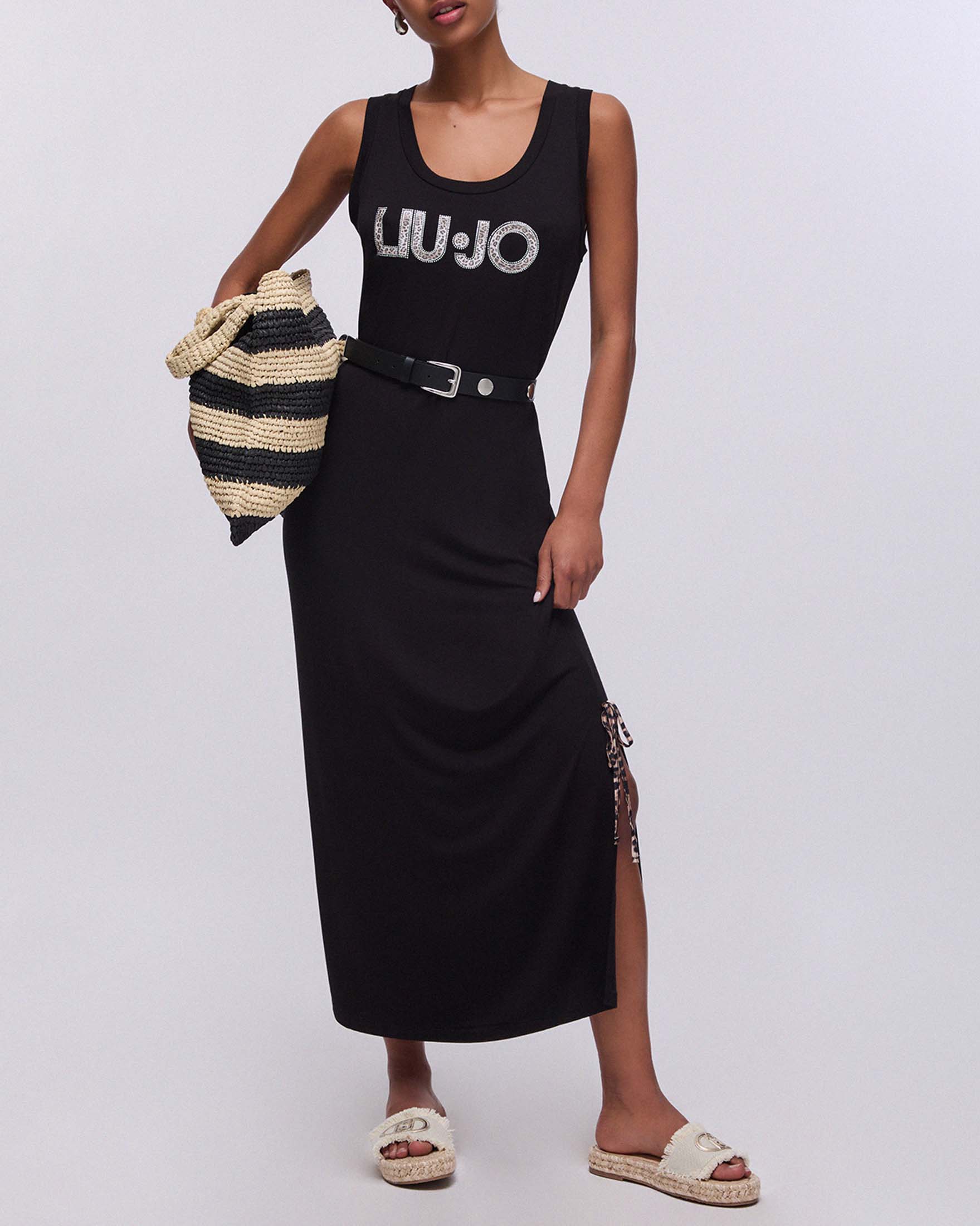 Abito lungo smanicato Liu Jo nero in jersey con maxi logo stampa animalier e spacchetto con fiocco
