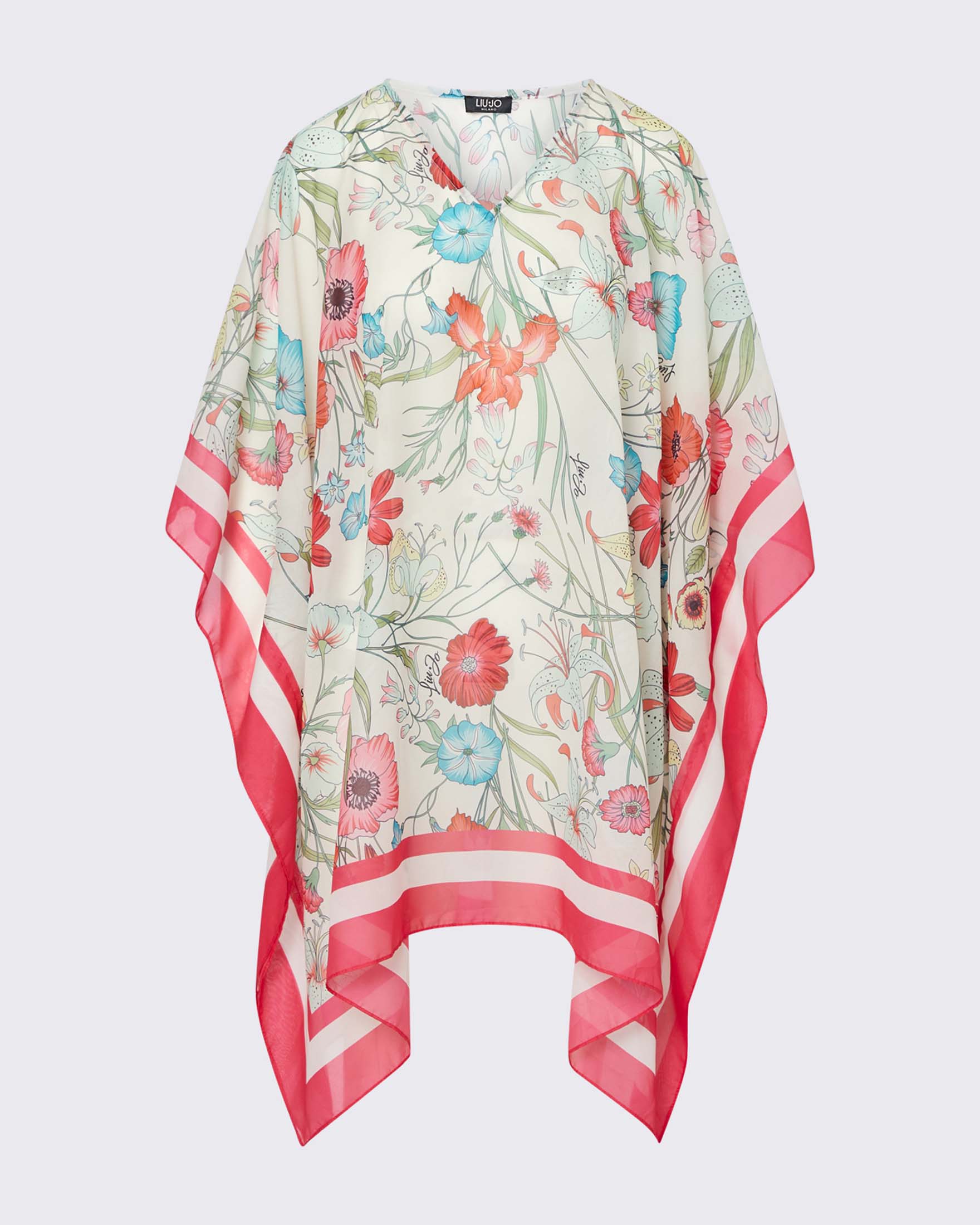 Kaftano in chiffon Liu Jo bianco con stampa a fiori colorata con bordi fucsia image