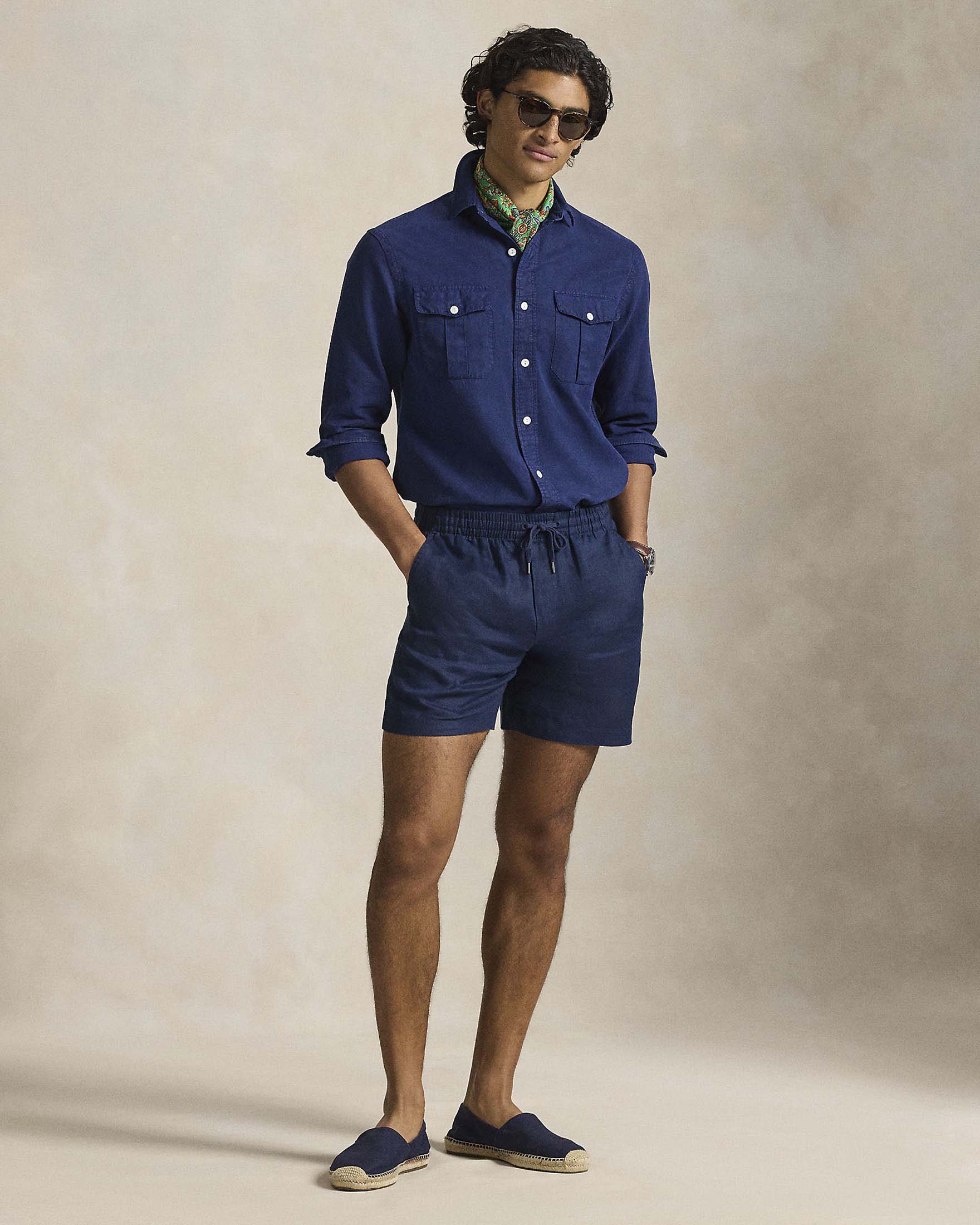 Bermuda blu Polo in puro lino con logo pony rosso