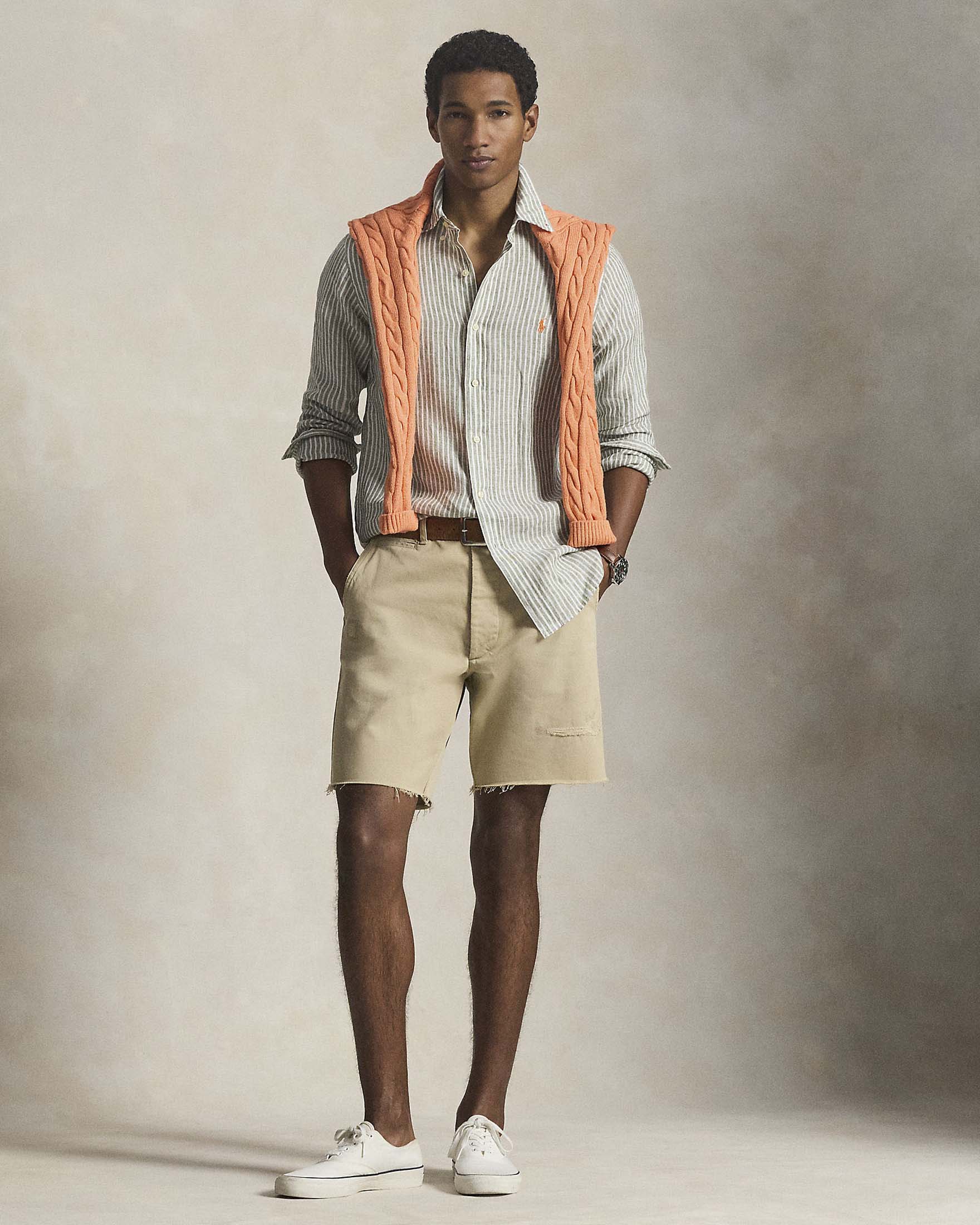 Polo Ralph Lauren — Camicia custom-fit a righe bianche e militare in puro lino con colletto button-down