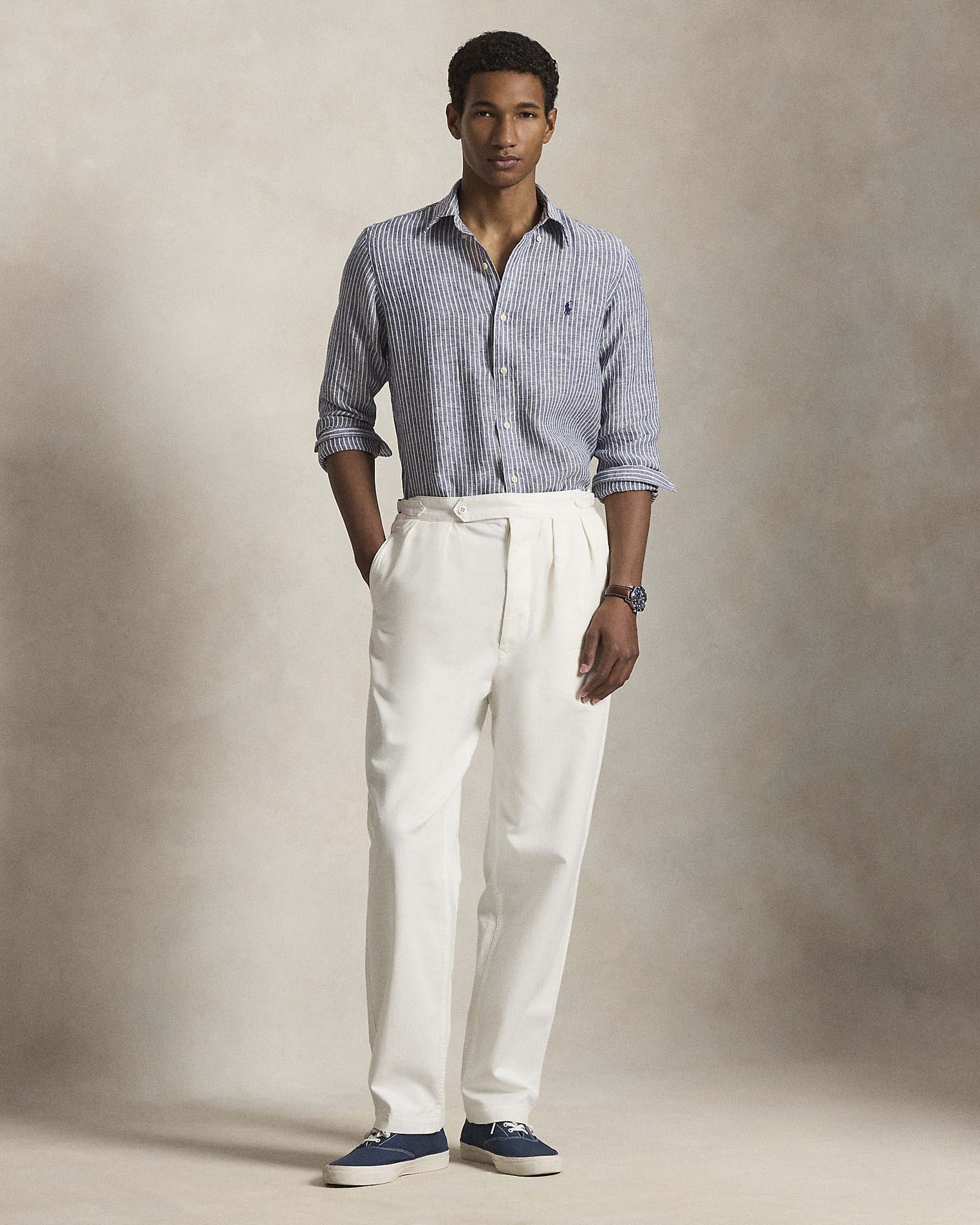 Camicia custom-fit a righe bianche e blu in puro lino con colletto button-down