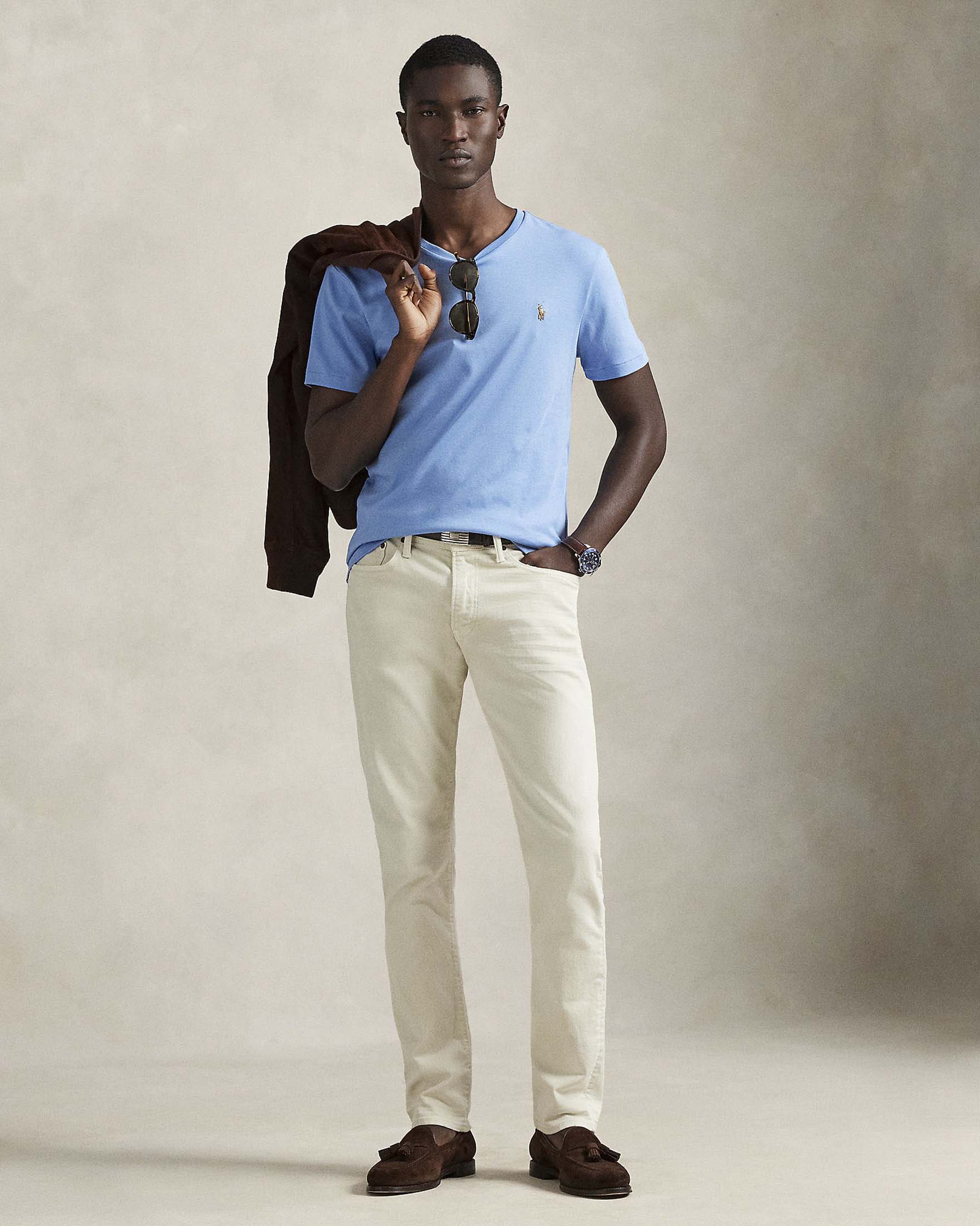 T-shirt celeste Polo Ralph Lauren tinta unita in pima cotton custom slim-fit