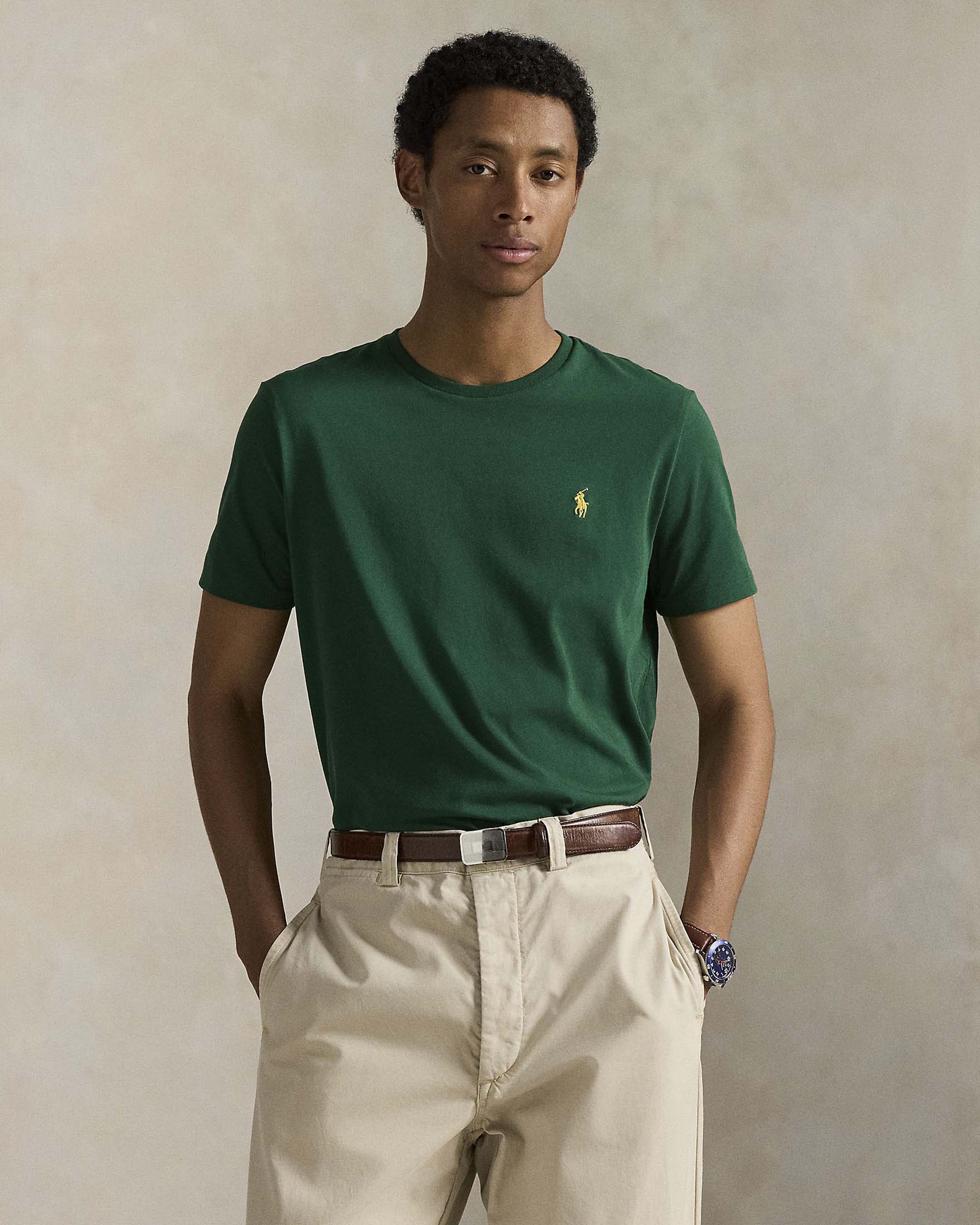 T-shirt mezza manica Polo Ralph Lauren verde custom slim-fit con logo pony giallo image