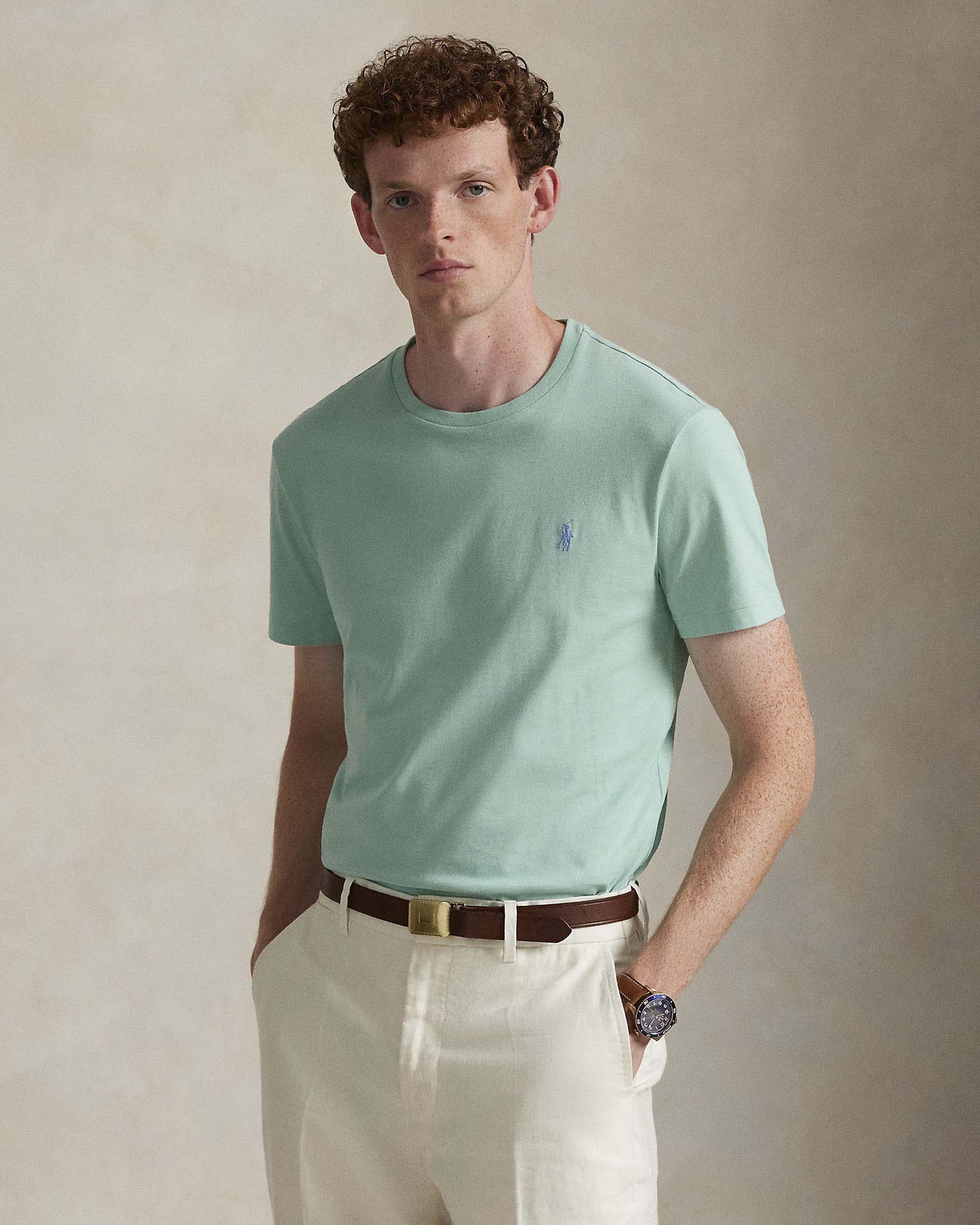 T-shirt mezza manica Polo Ralph Lauren verde acqua custom slim-fit con logo pony celeste image