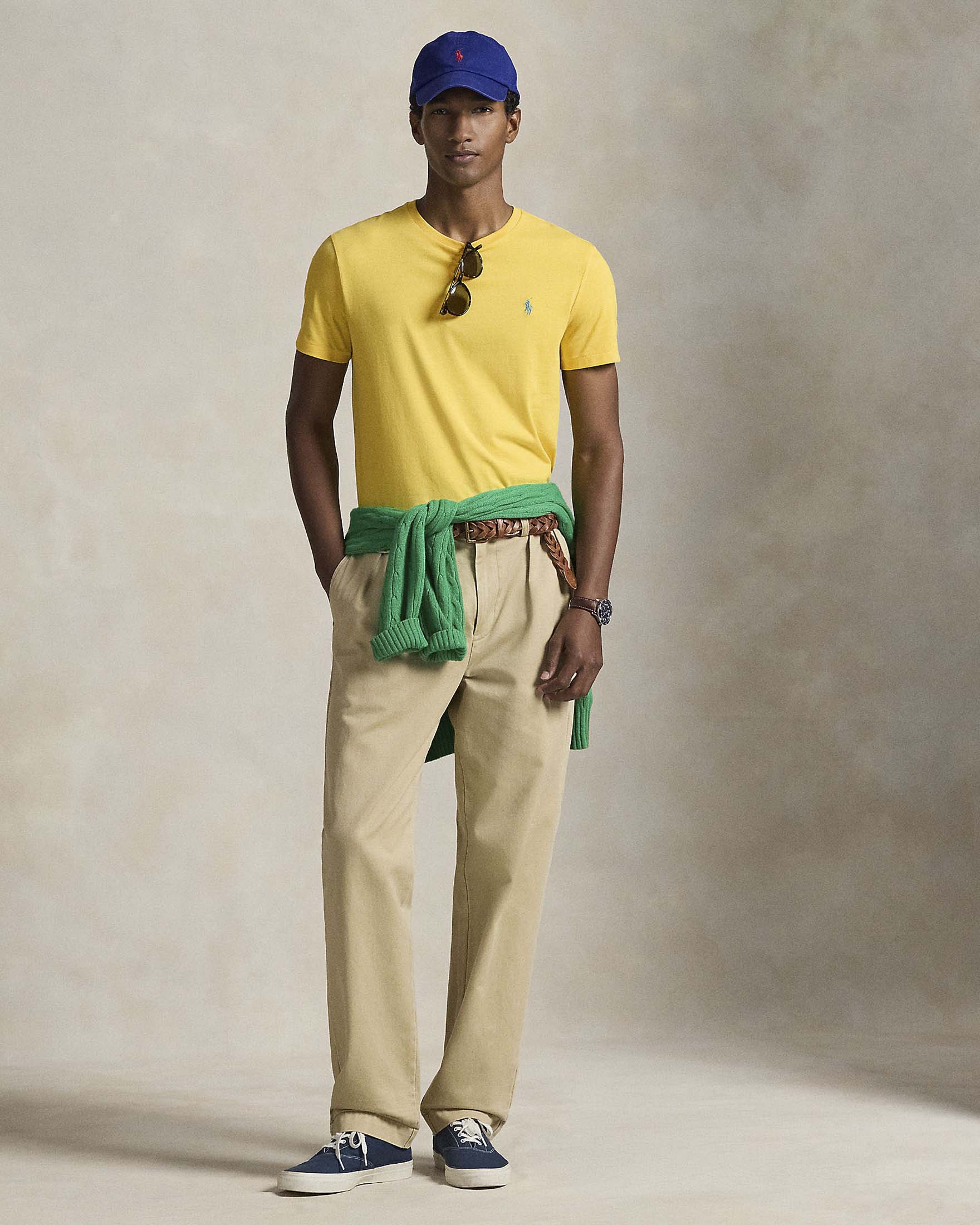 T-shirt mezza manica Polo Ralph Lauren gialla custom slim-fit con logo pony celeste
