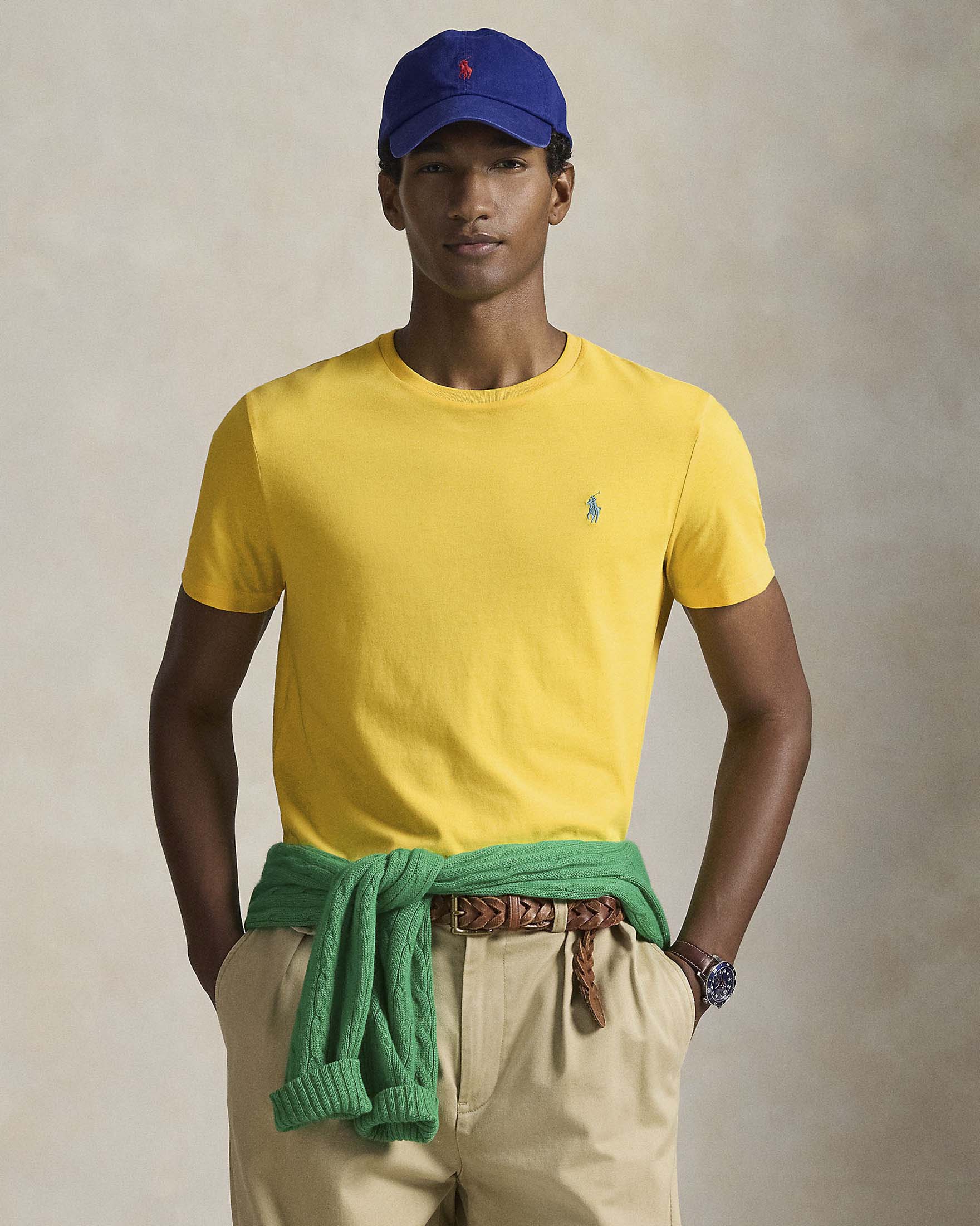 T-shirt mezza manica Polo Ralph Lauren gialla custom slim-fit con logo pony celeste image