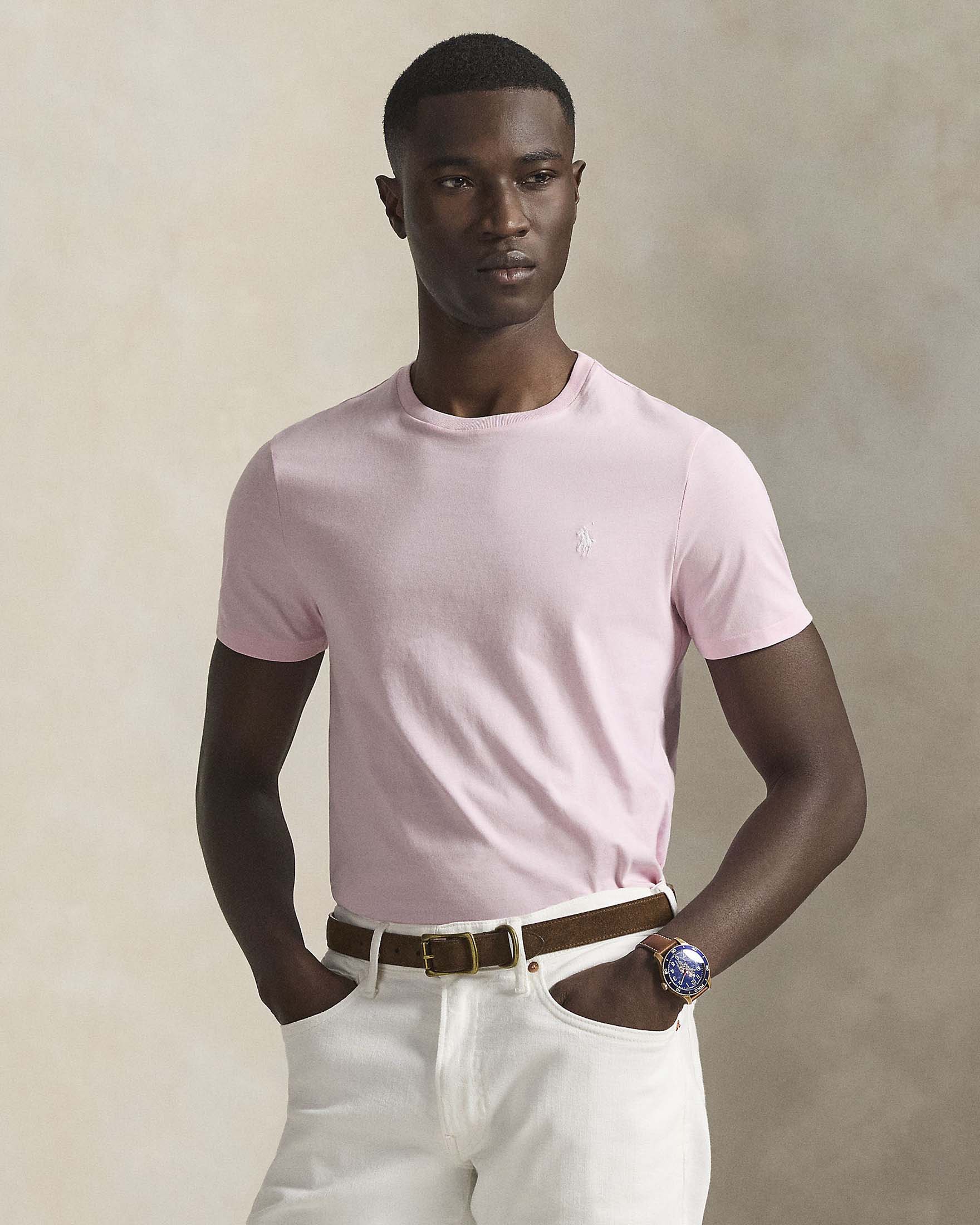 T-shirt mezza manica Polo Ralph Lauren rosa custom slim-fit con logo pony bianco image