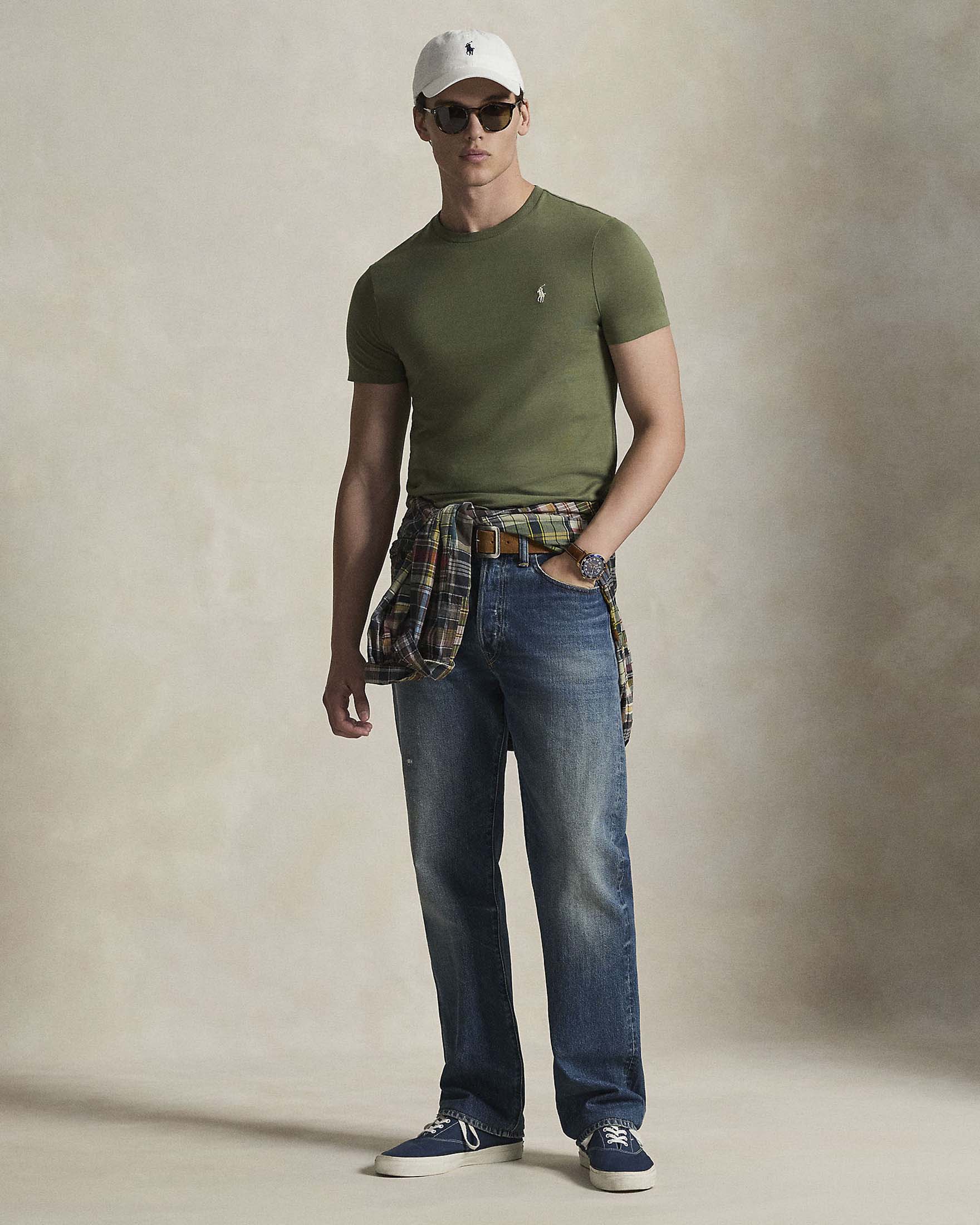 T-shirt mezza manica Polo Ralph Lauren verde militare custom slim-fit con logo pony panna