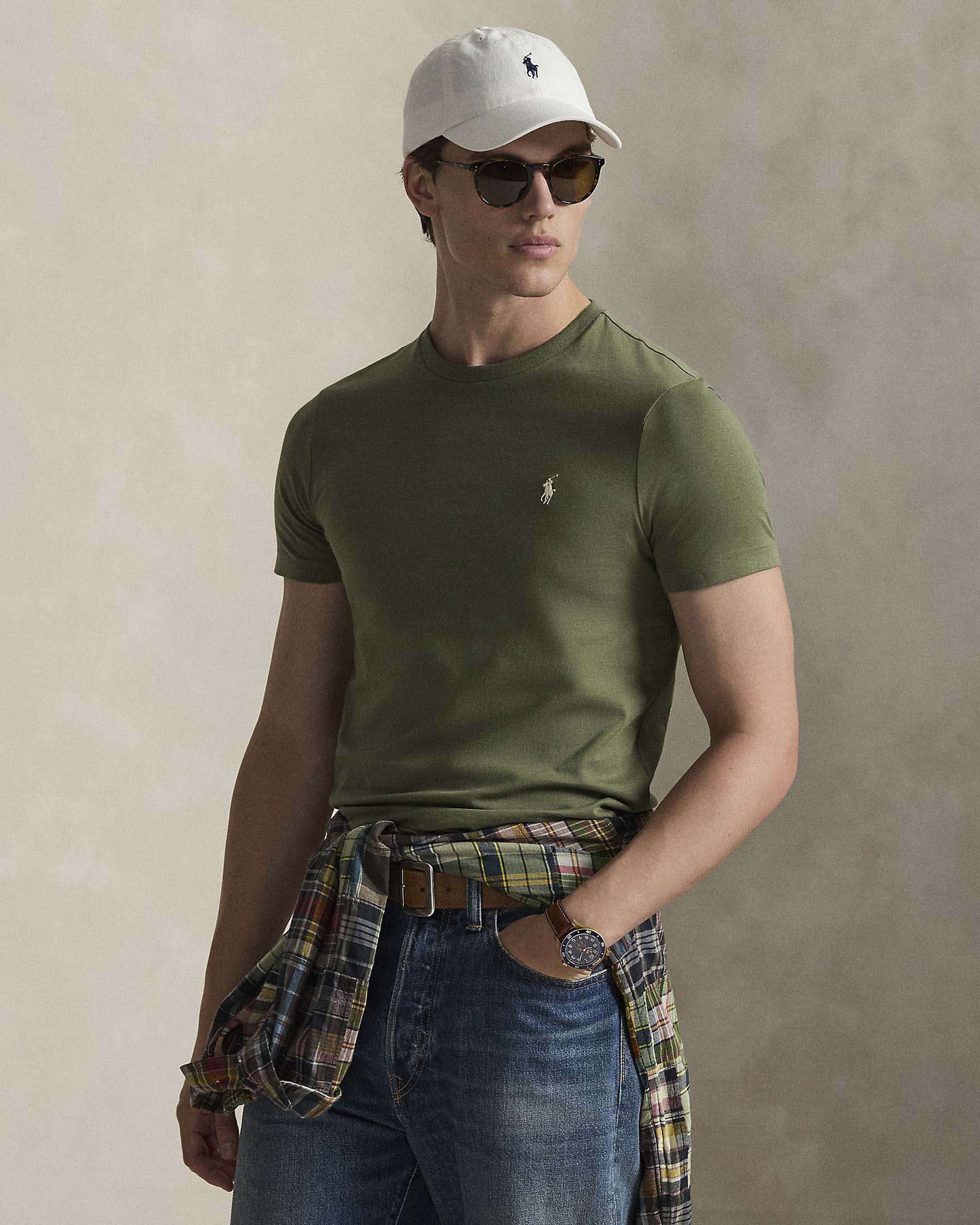 T-shirt mezza manica Polo Ralph Lauren verde militare custom slim-fit con logo pony panna image