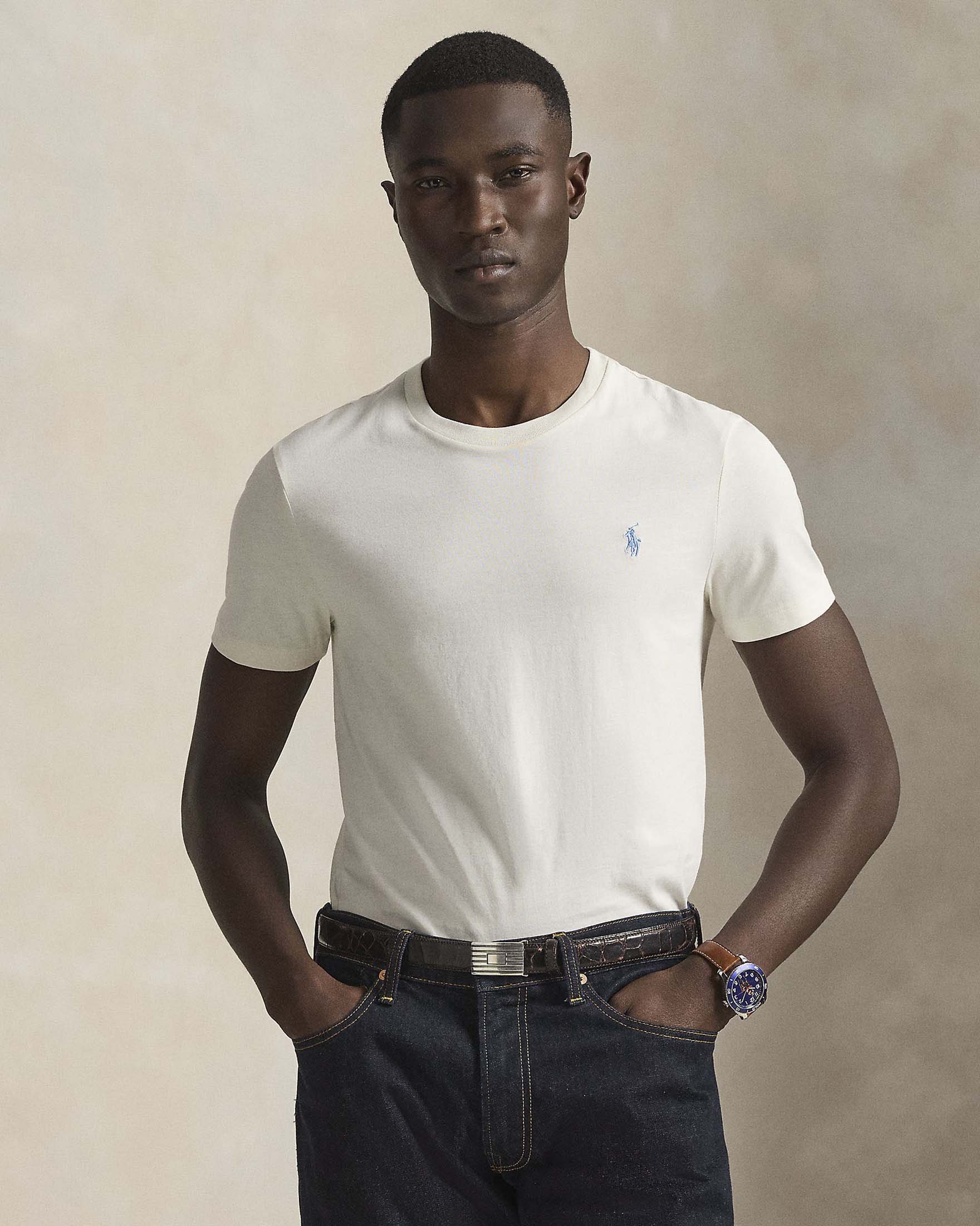 T-shirt mezza manica Polo Ralph Lauren panna custom slim-fit con logo pony celeste image