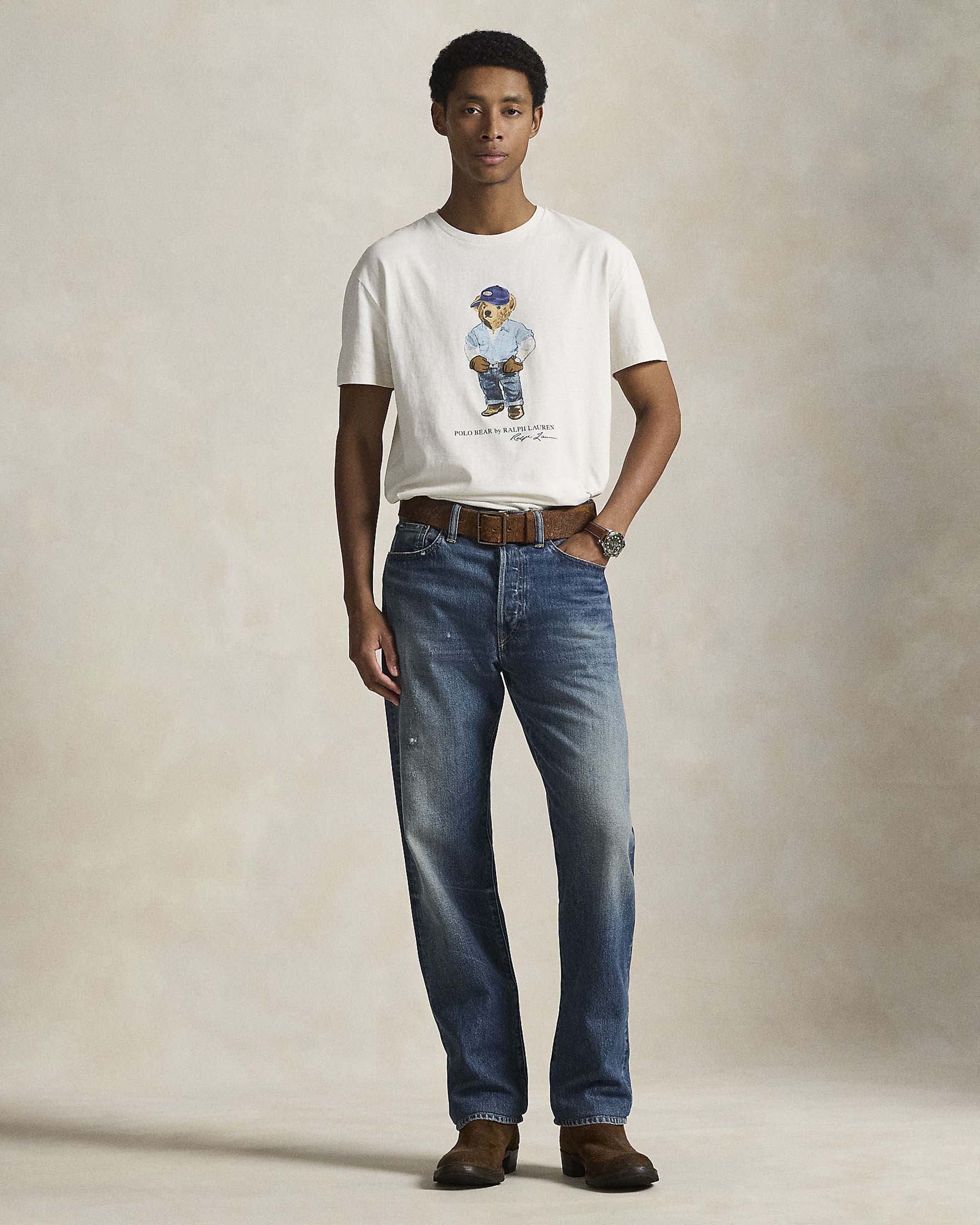 T-shirt mezza manica Polo panna classic-fit con stampa Polo Bear davanti