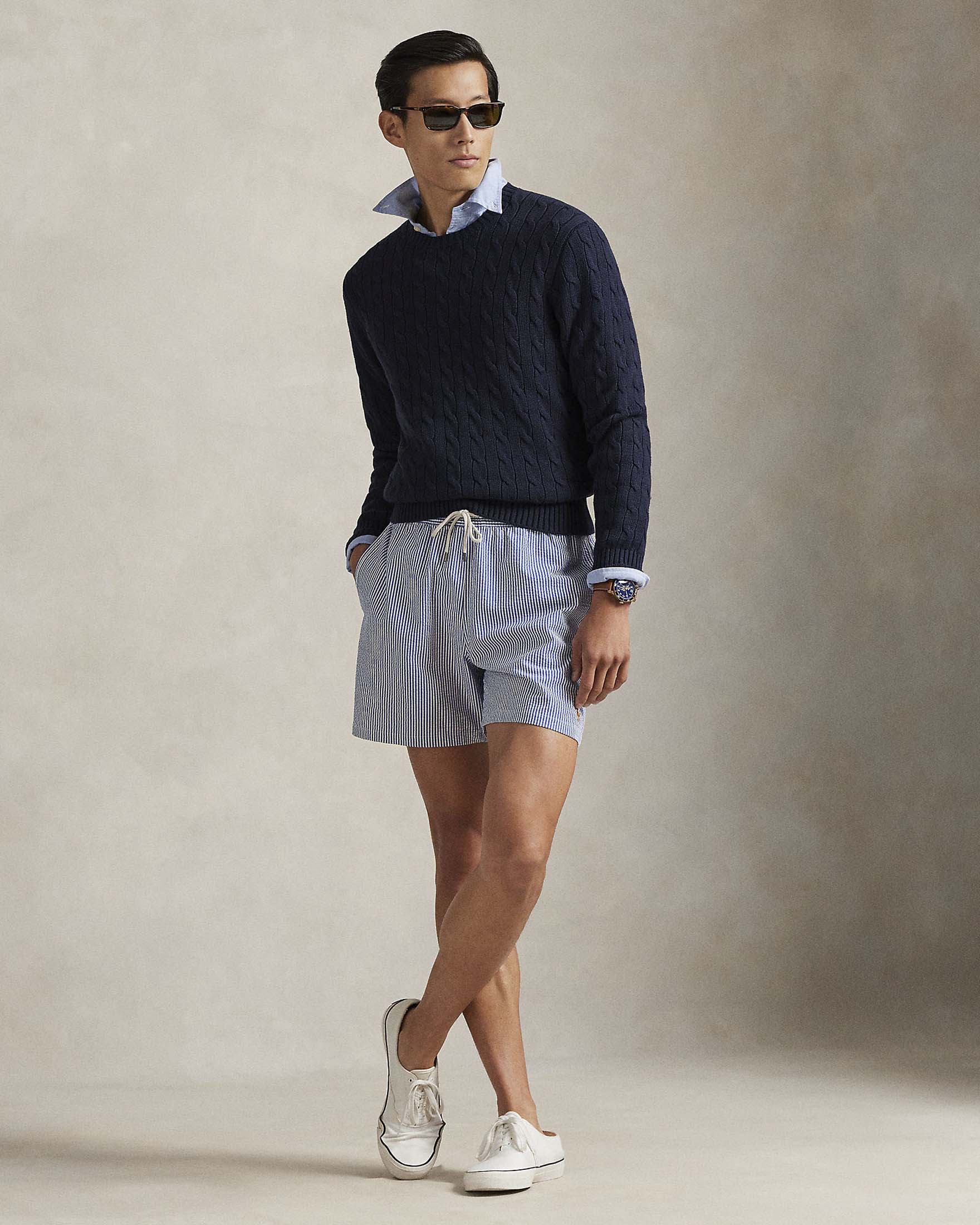 Boxer mare bastoncino bianco celeste Polo in seersucker di cotone stretch