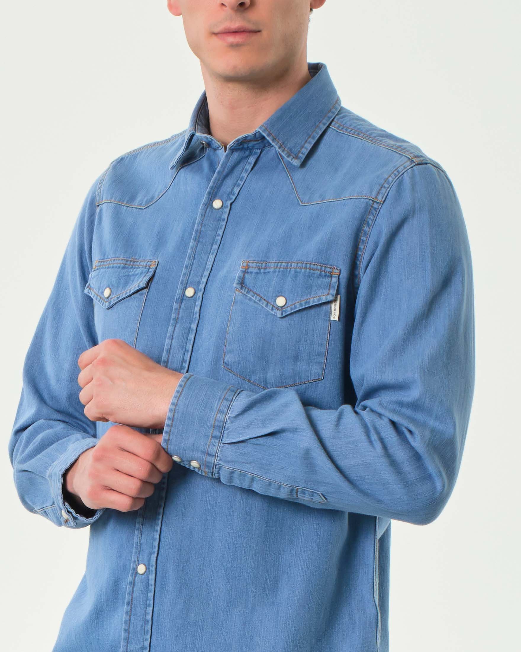 Sky T-Shirt Camicia Jeans Uomo Stone Wash - Regular Fit, 100% Denim Con Taschini - 3